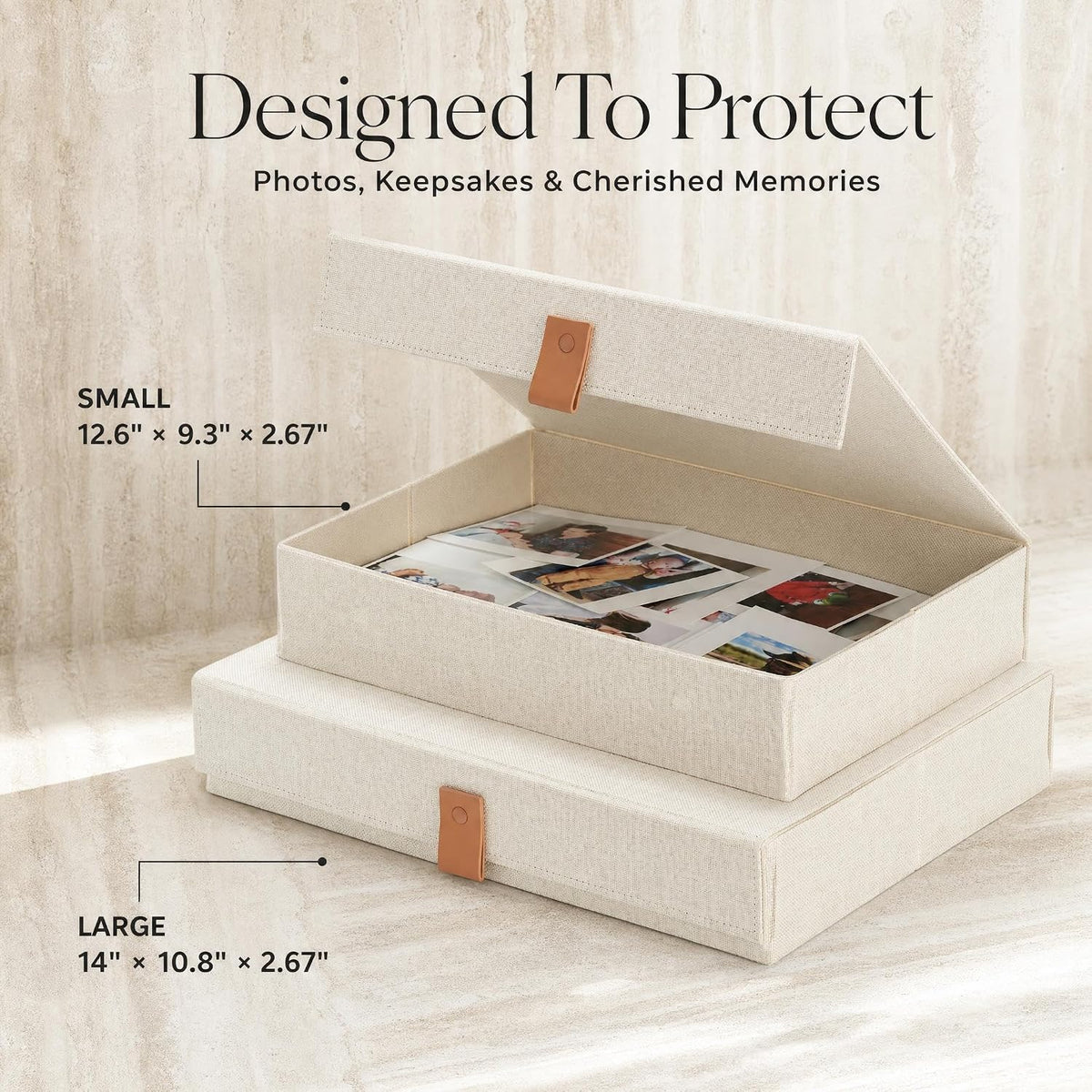 ZICOTO Decorative Photo Storage Boxes with Lids - Set of 2 Linen Organizers