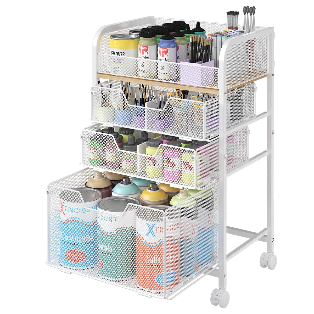 4-Tier Rolling Utility Cart with 3 Drawers-Craft Organizers and Storage with 360° Lockable Wheels,Art Supply Storage Organizer for Art Supplies, Store for Brushes & Paints & Artifacts Patent Pending