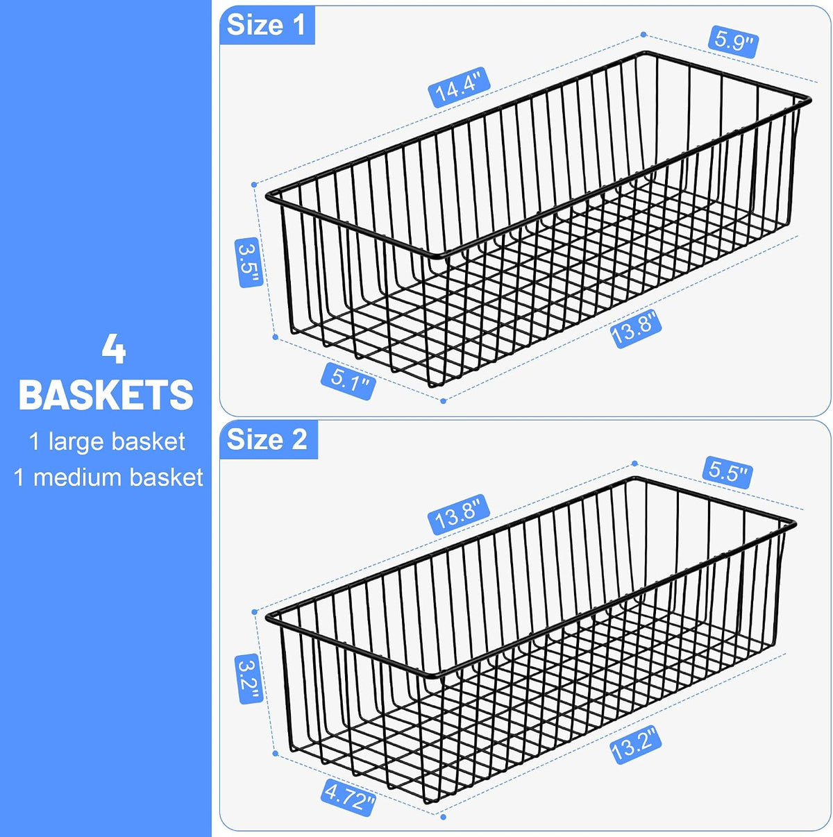 Black Wire Basket Wall Mounted(4 Pack) - Metal Toilet Paper Storage Basket - Rectangular Wire Baskets for organizing Kitchen,Bathroom,Countertop