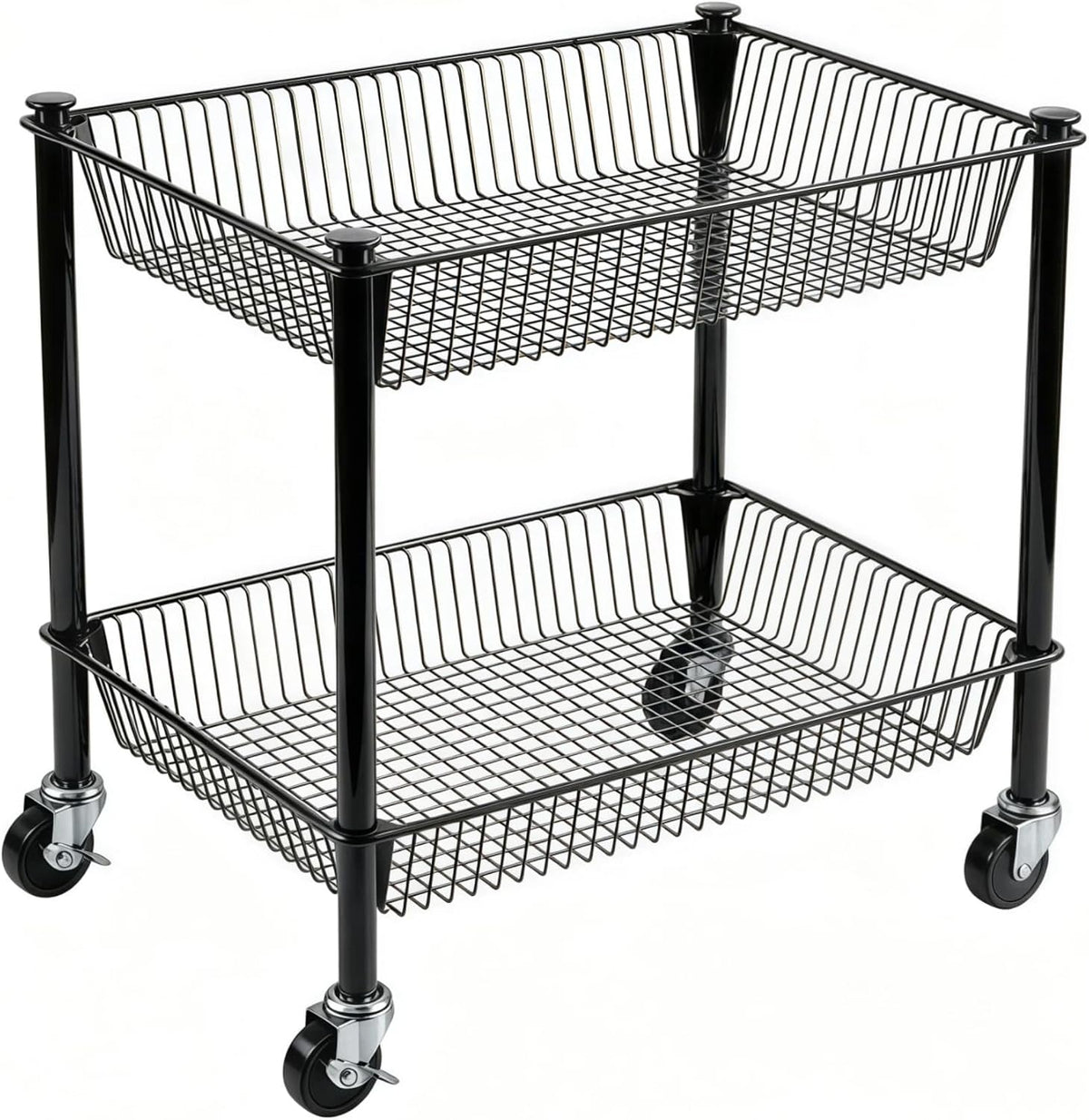 2 Tier Rolling Pantry Cart on Wheels Thick Metal Pantry Floor Organizer Small Utility Cart for Small Space, Fruit Vegetables Rack for Kitchen, Under Desk Storage Onion Potato Storage Basket, Black