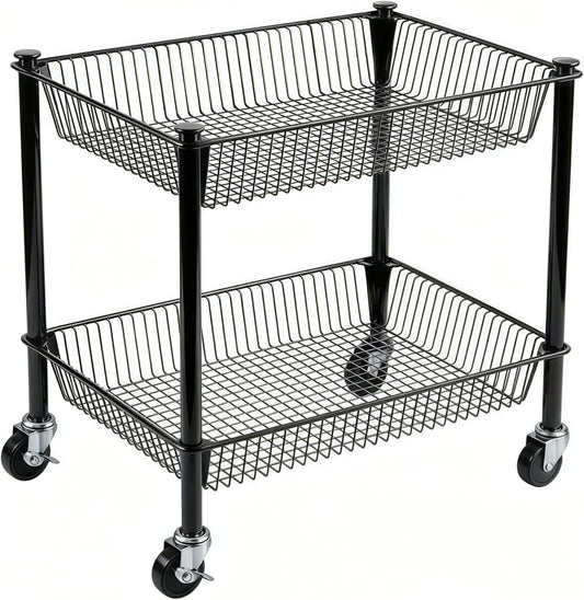 2 Tier Rolling Pantry Cart on Wheels Thick Metal Pantry Floor Organizer Small Utility Cart for Small Space, Fruit Vegetables Rack for Kitchen, Under Desk Storage Onion Potato Storage Basket, Black