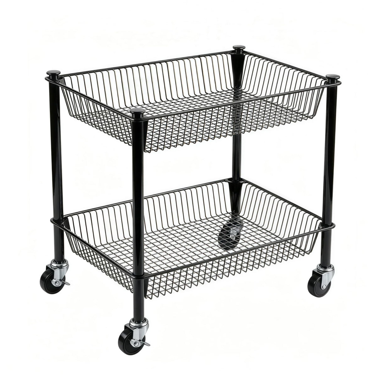 2 Tier Rolling Pantry Cart on Wheels Thick Metal Pantry Floor Organizer Small Utility Cart for Small Space, Fruit Vegetables Rack for Kitchen, Under Desk Storage Onion Potato Storage Basket, Black