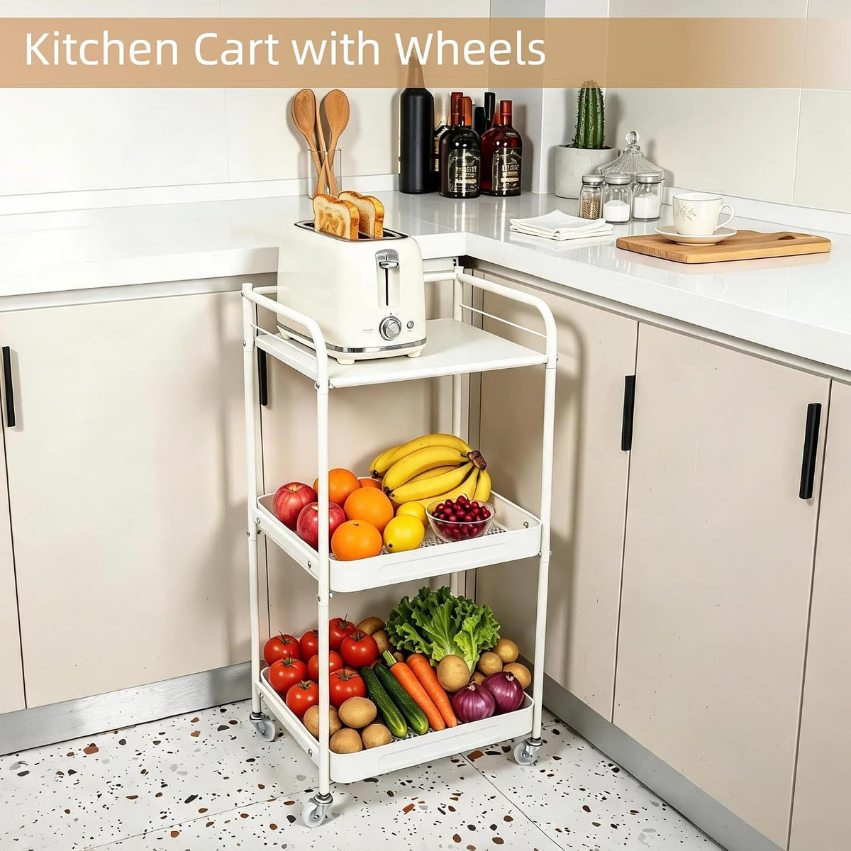 3 Tier Rolling Cart with Table Top, Metal Kitchen Storage Cart