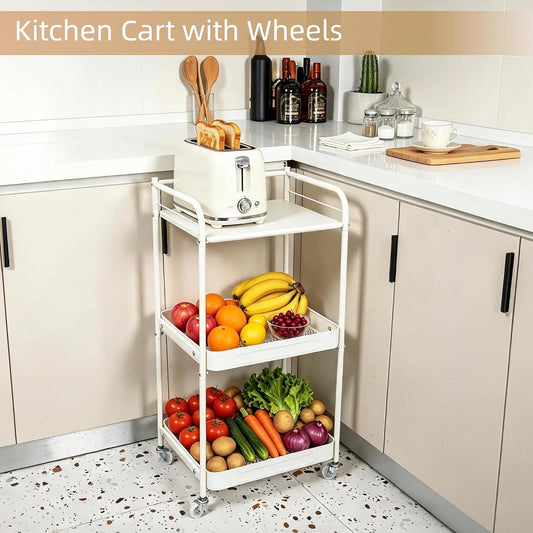 3 Tier Rolling Cart with Table Top, Metal Kitchen Storage Cart