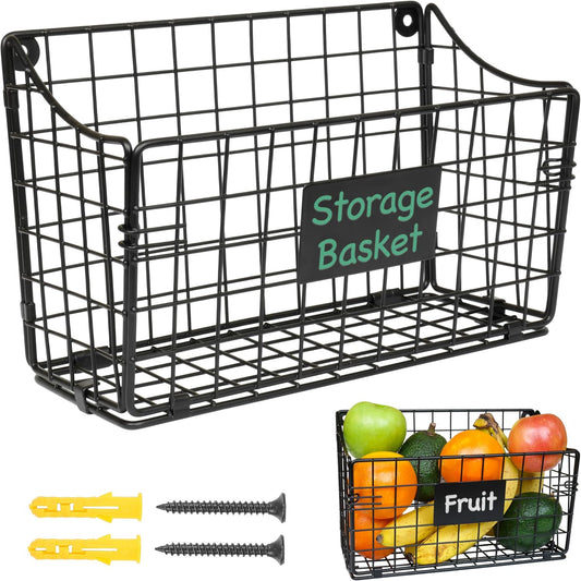 PriZoi® Wall Mount Wire Basket - Metal Wall Mounted Basket for Storage, Hanging Wall Fruit Basket - Black