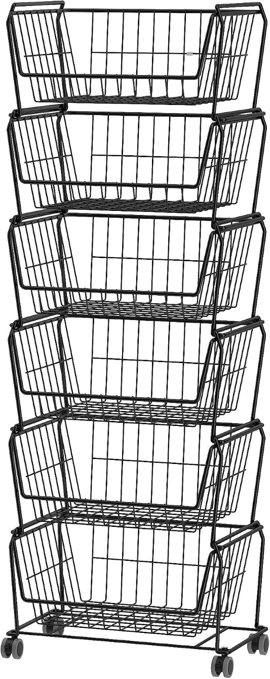 PUSDON 6-Tier Tall Stackable Wire Storage Baskets with Wheels, Vertical Metal Rolling Utility Cart, High Capacity Produce Basket for Kitchen Pantry, Snack Organizer, Matte Black