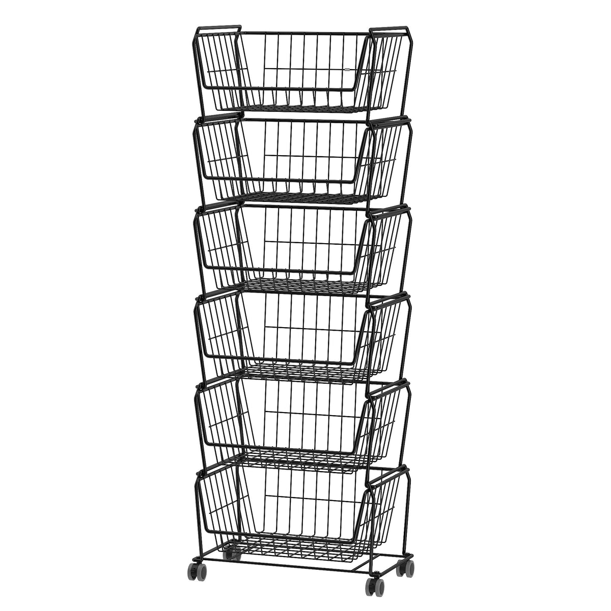 PUSDON 4-Tier Spacious Stackable Wire Storage Baskets with Wheels, Metal Rolling Utility Cart, Produce Basket for Pantry, Bathroom Organizer Shelf, Matte Black