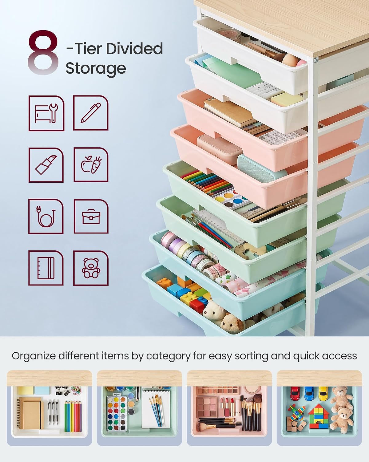 VASAGLE Rolling Cart with Drawers, Craft Organizers and Storage, Multicolor