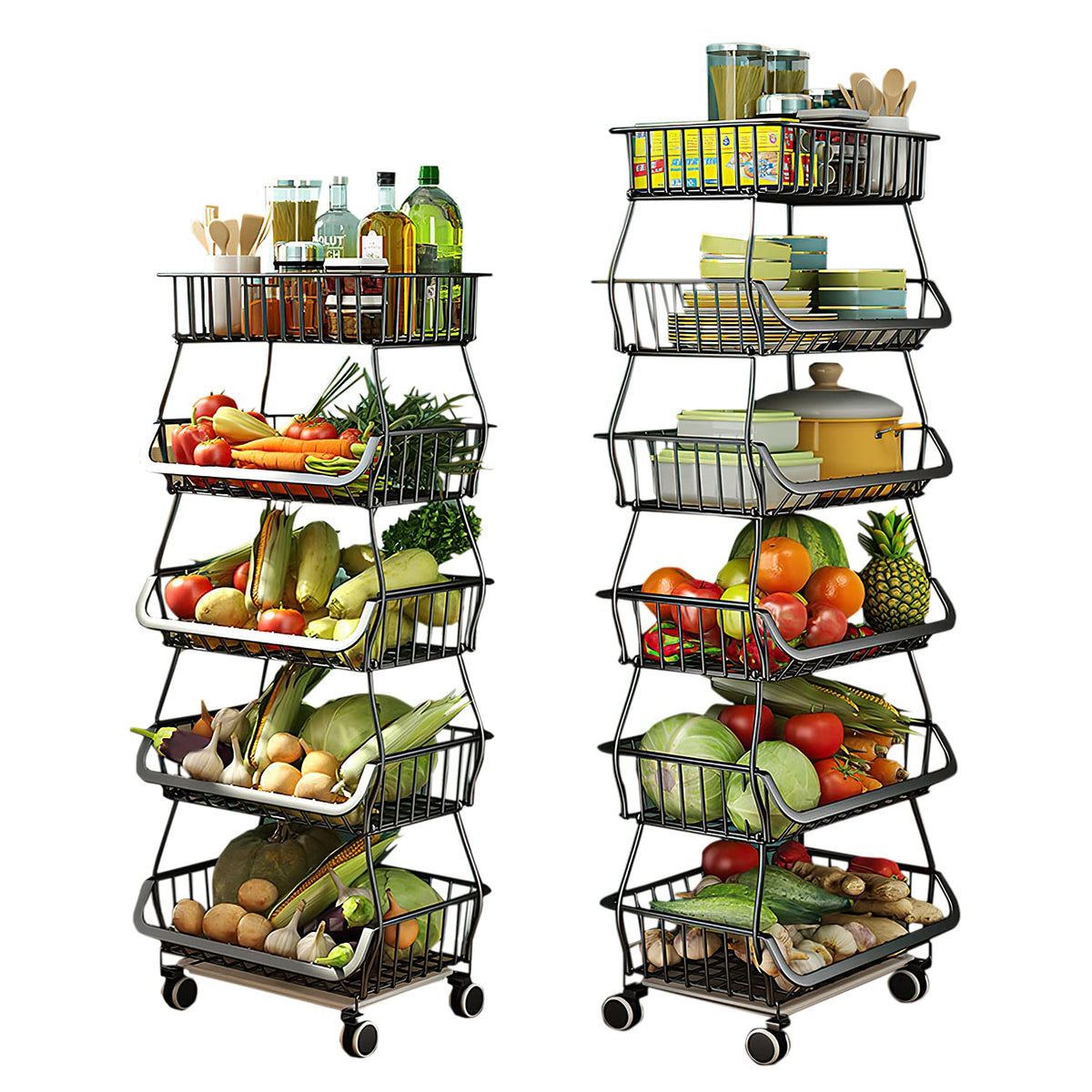 5-Tier Rolling Pantry Floor Organizer with Wheels, Foldable Fruit Vegetable Storage Cart, Metal Wire Pantry Basket, Kitchen Fruit Basket Stand, Vegetable Storage Rack for Fruits Snack Onion Potato