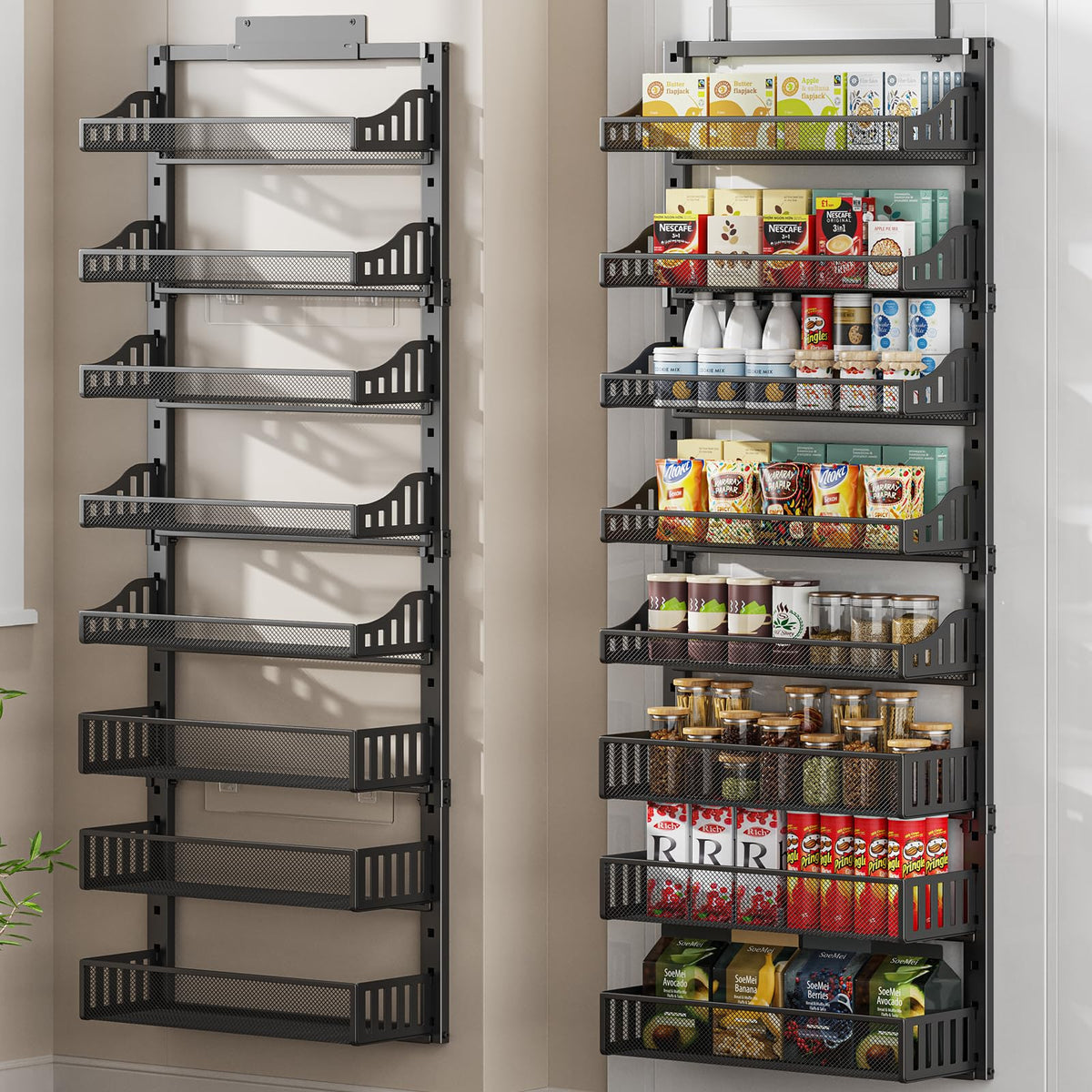 POKIPO Over the Door Pantry Organizer 8-Tier, Large Metal Door Spice Rack with Adjustable Basket, 2 in 1 Wall Mount or Hanging Heavy-Duty Pantry Door Storage Shelf for Kitchen and Bathroom, White