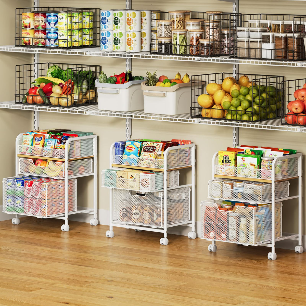 4-Tier Rolling Utility Cart with 3 Drawers-Craft Organizers and Storage with 360° Lockable Wheels,Art Supply Storage Organizer for Art Supplies, Store for Brushes & Paints & Artifacts Patent Pending