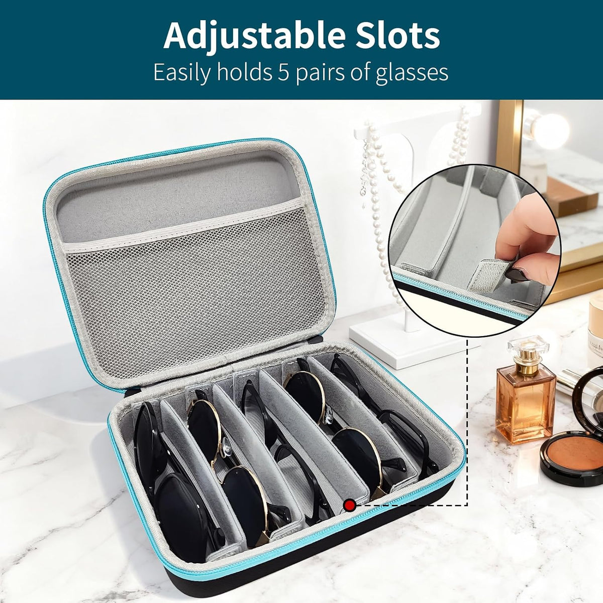 Travel Sunglasses Organizer Case, Adjustable Slot for Multiple Eyeglasses, Hard Shell Eyewear Box for Men Women