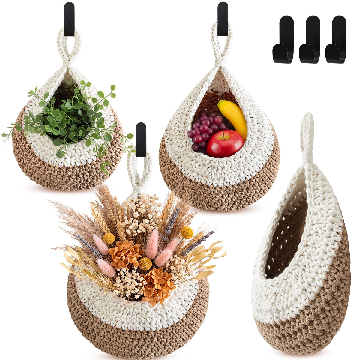 Honeydak 3 Hanging Baskets, Light Brown, Wide Bucket Basket