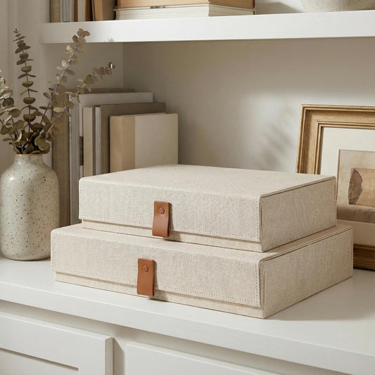 ZICOTO Decorative Photo Storage Boxes with Lids - Set of 2 Linen Organizers