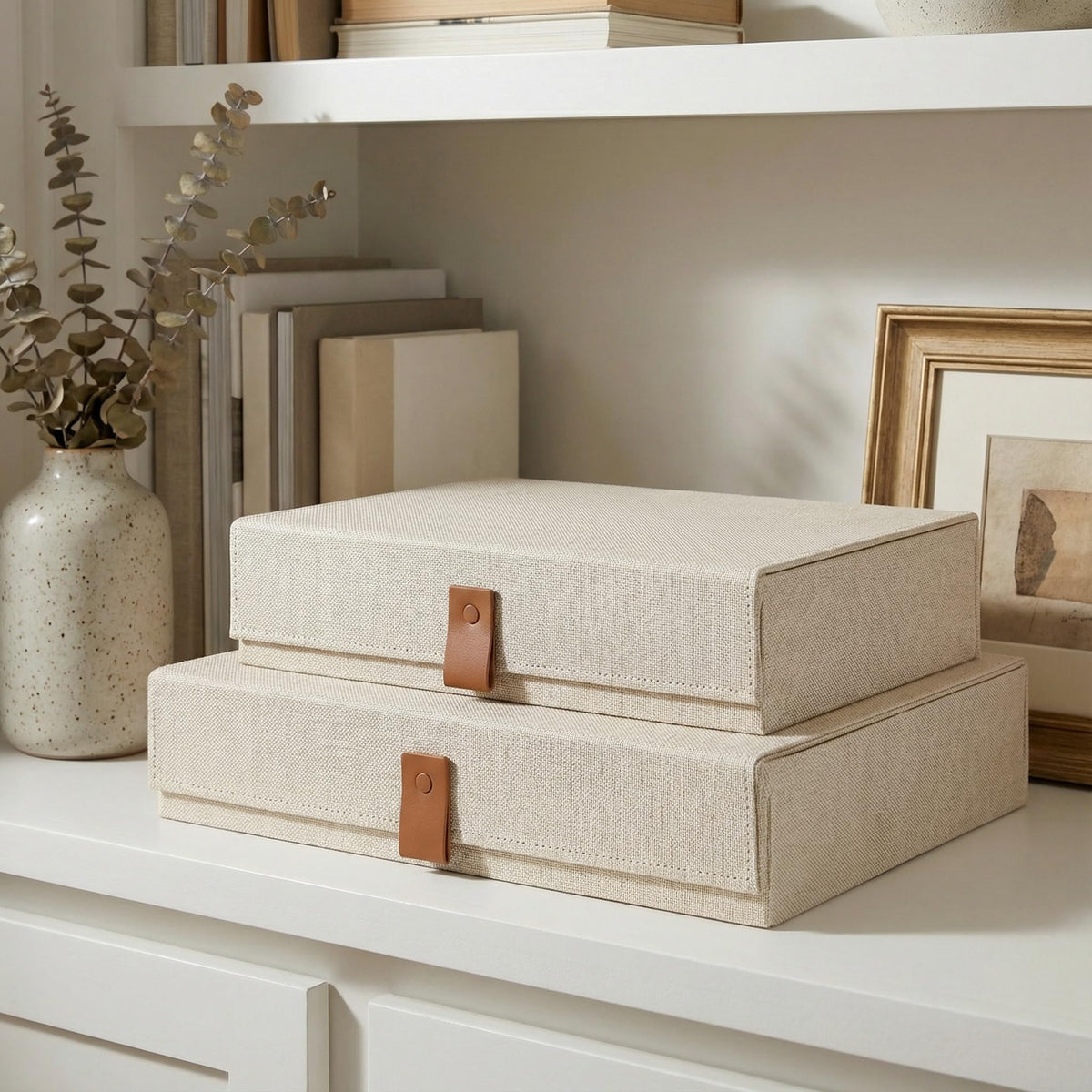 ZICOTO Decorative Photo Storage Boxes with Lids - Set of 2 Linen Organizers