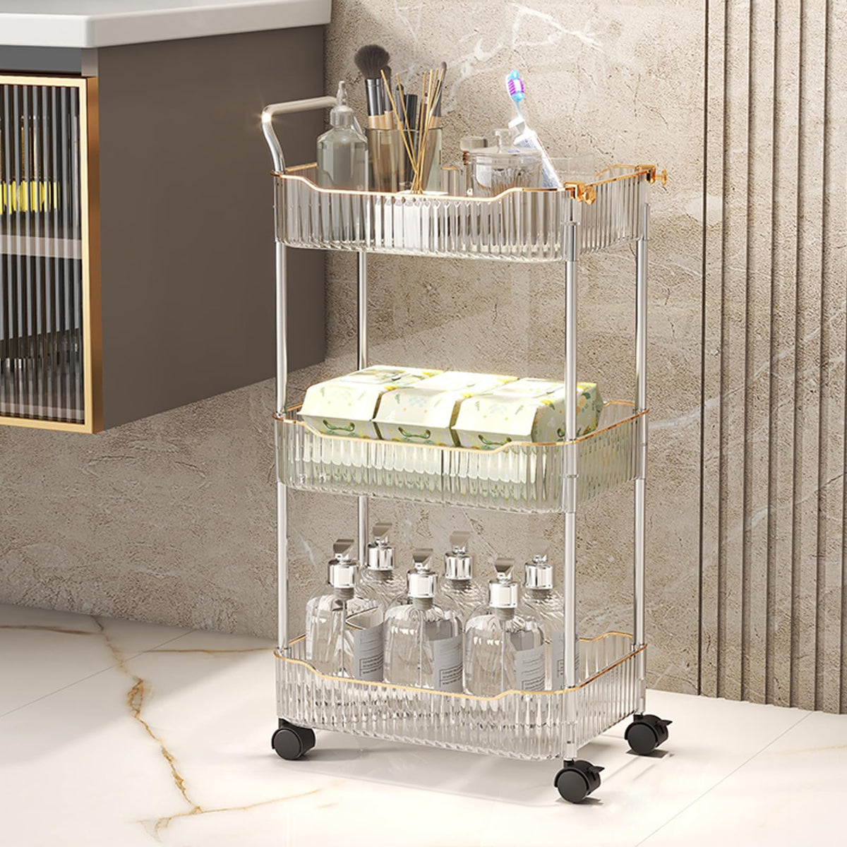 Acrylic Storage Trolley, Bathroom Kitchen Rolling Utility Cart Mobile Organization Shelves with Handle and Lockable Wheel(Gold,2 Tier)
