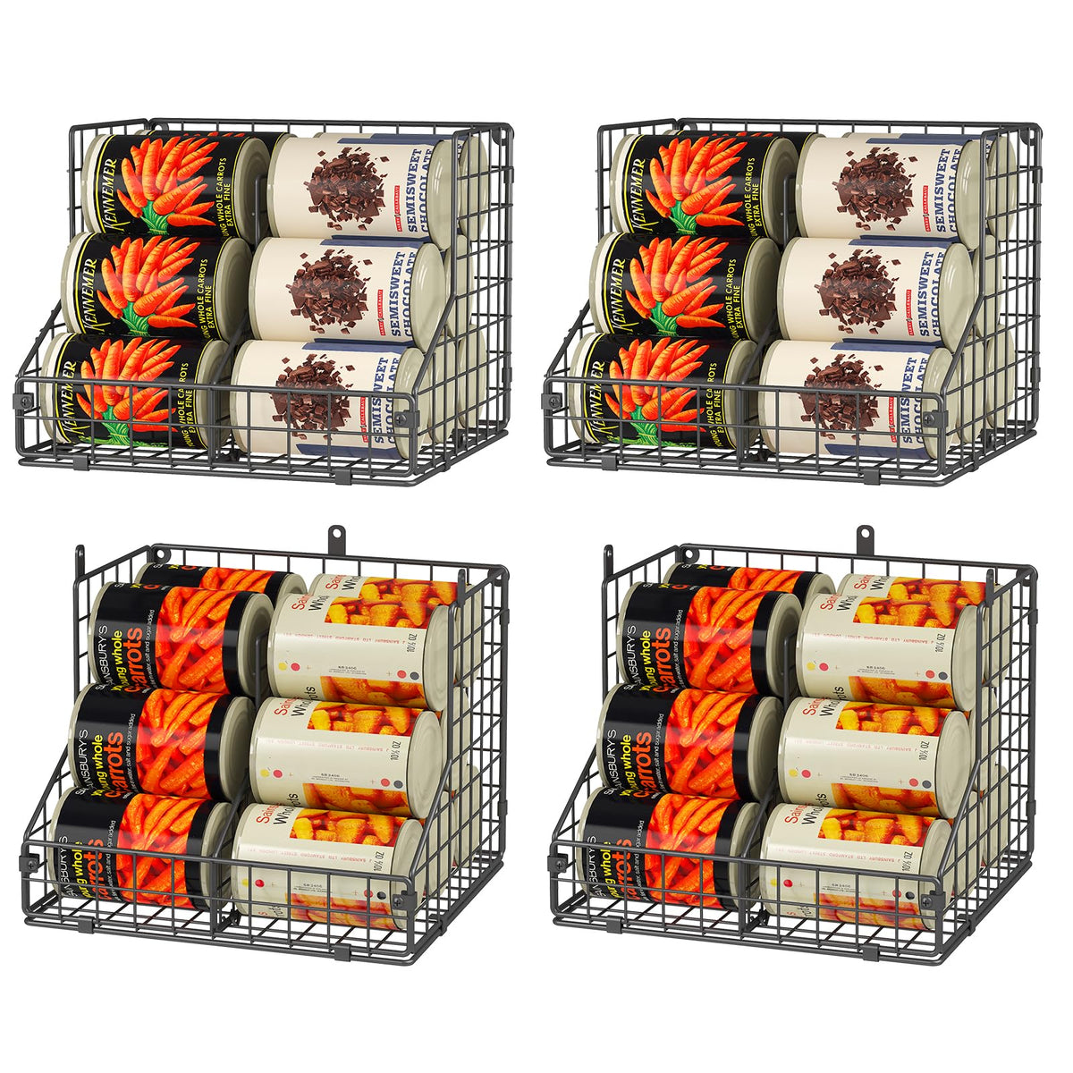 JKsmart 2 Pack Stackable Can Rack Organizer for Pantry Storage,Can Dispensers with 4 Adjustable Dividers, 2-Tier Metal Wire Basket Beverage Pop Soda Rack for Kitchen Cabinet Pantry, Black