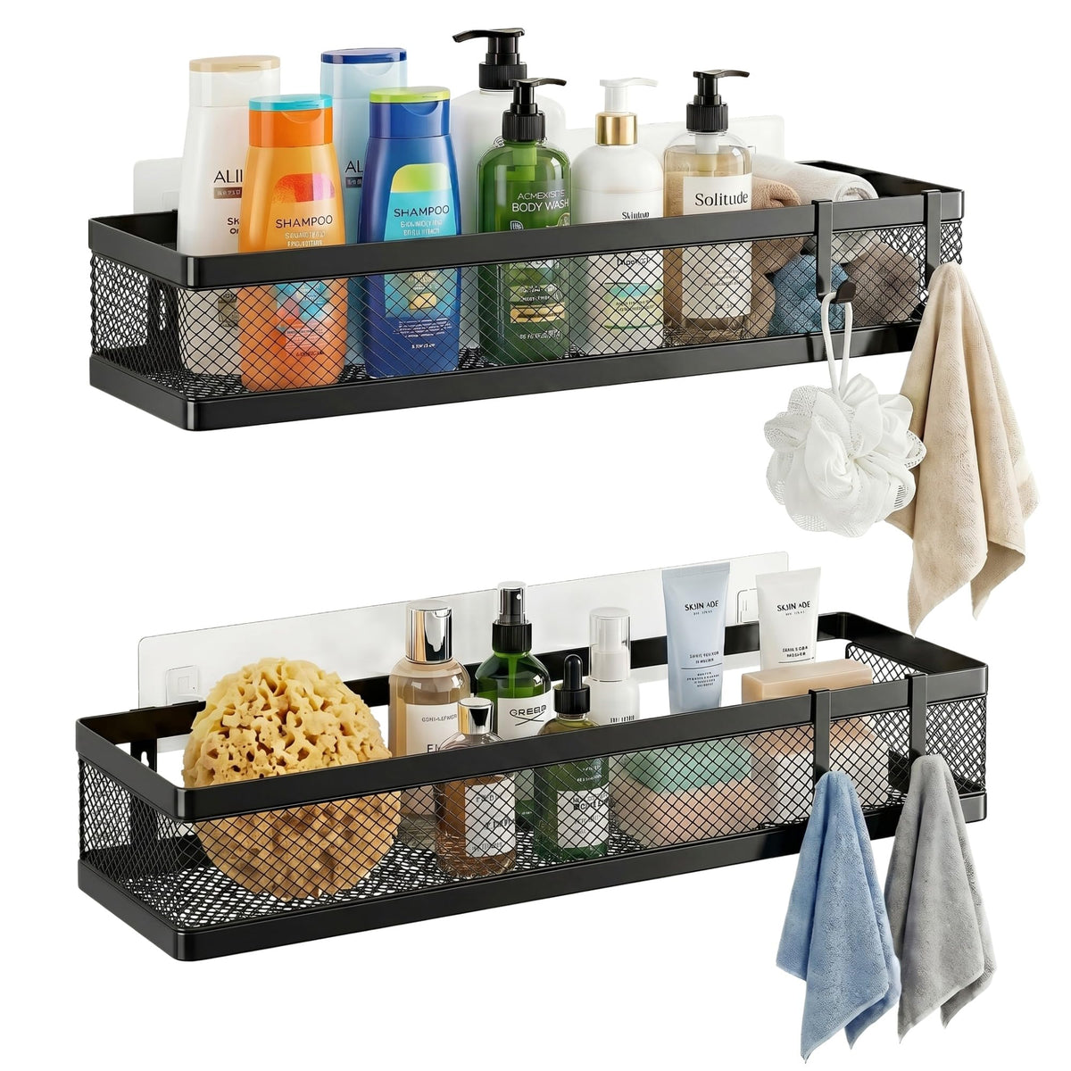 PUSDON Mesh Shower Caddy Wall Mount, Heavy Duty Adhesive Bathroom Shelf Organizer, Rustproof Floating Spice Rack for Kitchen Pantry, Holds 50 LBS, Multi-Purpose Storage Black-2 Packs (Netting)