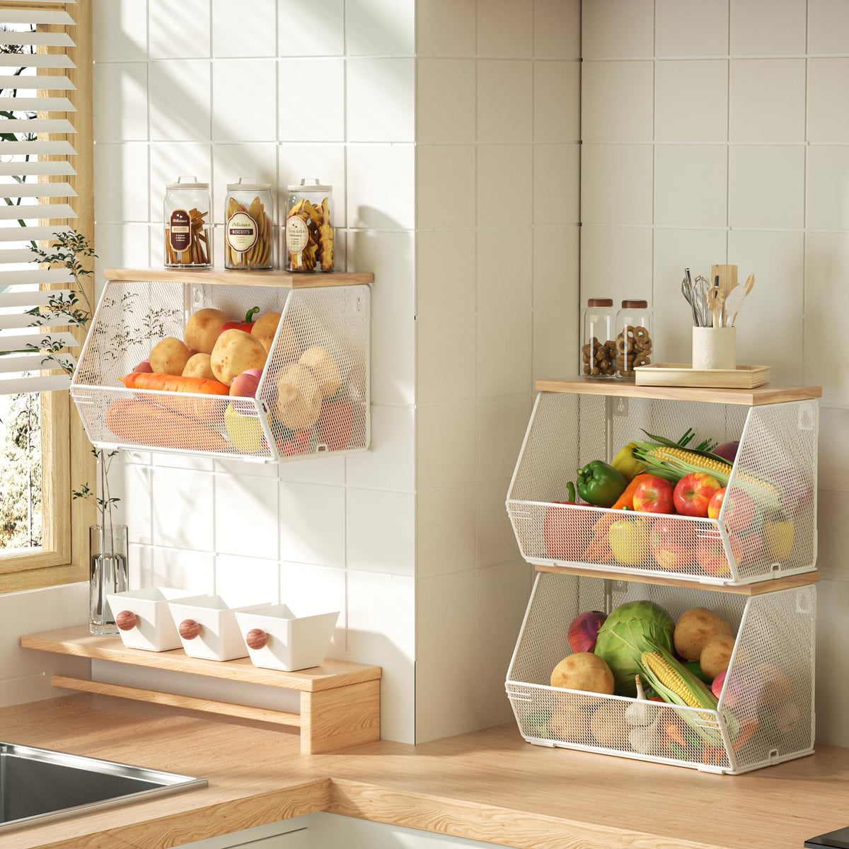 2 Tier Fruit Basket for Kitchen Counter, Stackable Onion and Potato Storage Basket, Wall Mounted Wire Basket with Wood Lid, Hanging Kitchen Storage Vegetable Organizer, 11.8 x 7.1 x 8.6 Inch