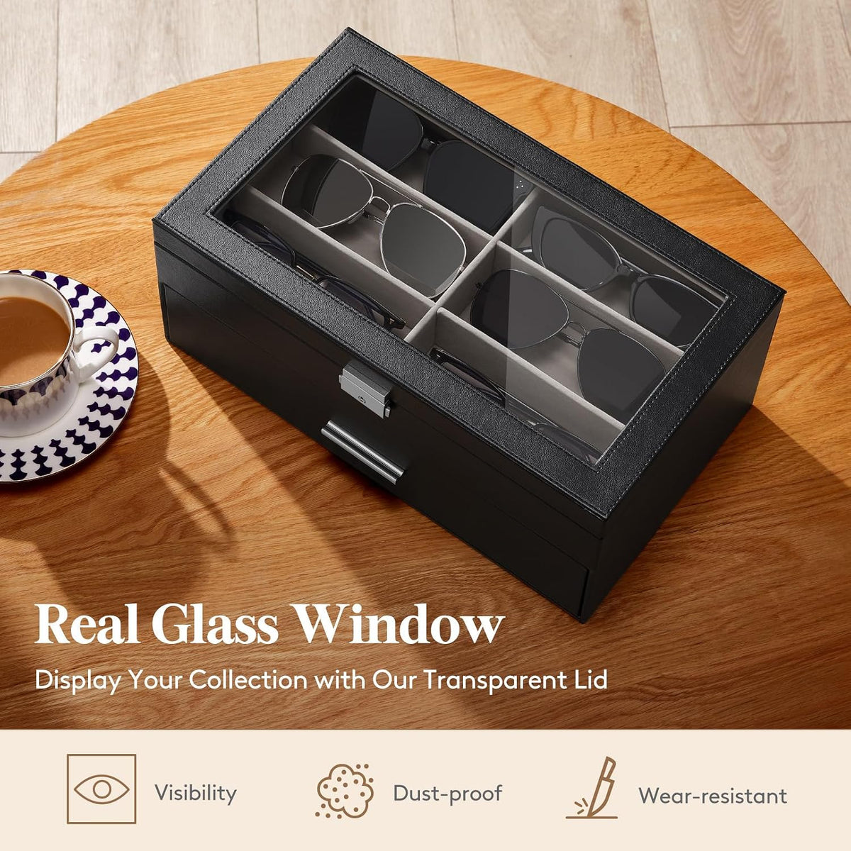 Lifewit 2 Layer Sunglasses & Watch Organizer, Glass Lid Display Case, Black