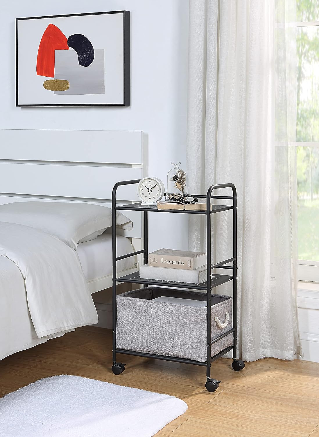 SunnyPoint 3-Tier Rolling Utility Cart – Metal Storage Organizer with Wheels, Mobile Kitchen Cart, Office & Home Organizer, Black, 12" D x 16.92" W x 31.1" H