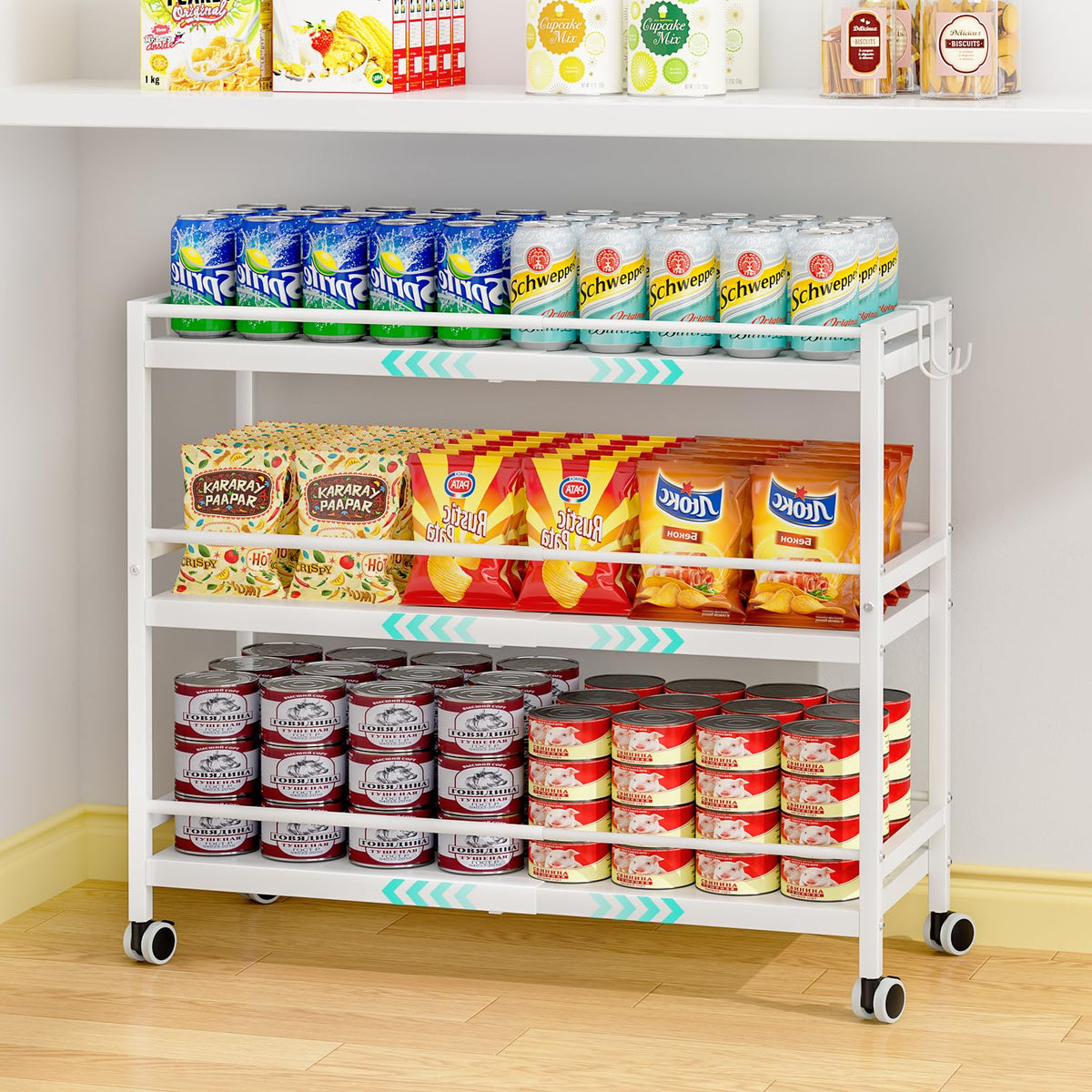 3-Tier Expandable Rolling Pantry Organizers and Storage Cart with Wheels, Adjustable Pantry Floor Organizer, Snack Cart for Pantry, Kitchen Storage Cart with 4 Hooks for Snack, Food, Vegetables, Black