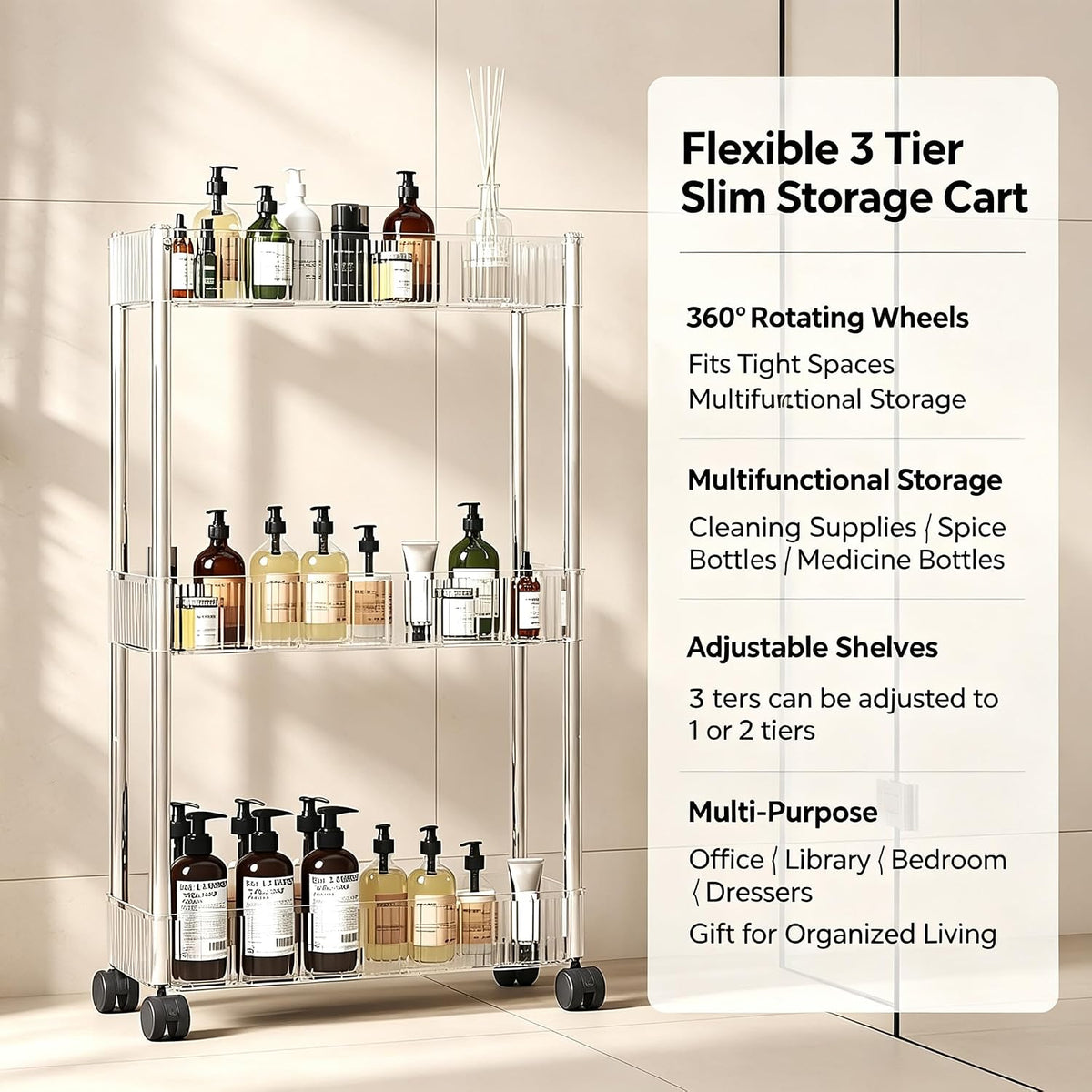 Sooyee Slim Clear 3-Tier Plastic Rolling Utility Cart with Wheels