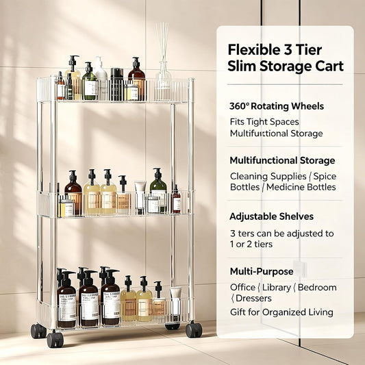 Sooyee Slim Clear 3-Tier Plastic Rolling Utility Cart with Wheels