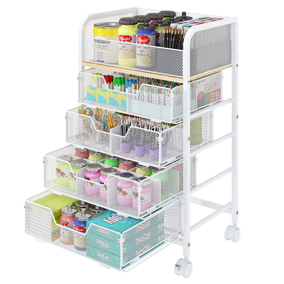 4-Tier Rolling Utility Cart with 3 Drawers-Craft Organizers and Storage with 360° Lockable Wheels,Art Supply Storage Organizer for Art Supplies, Store for Brushes & Paints & Artifacts Patent Pending