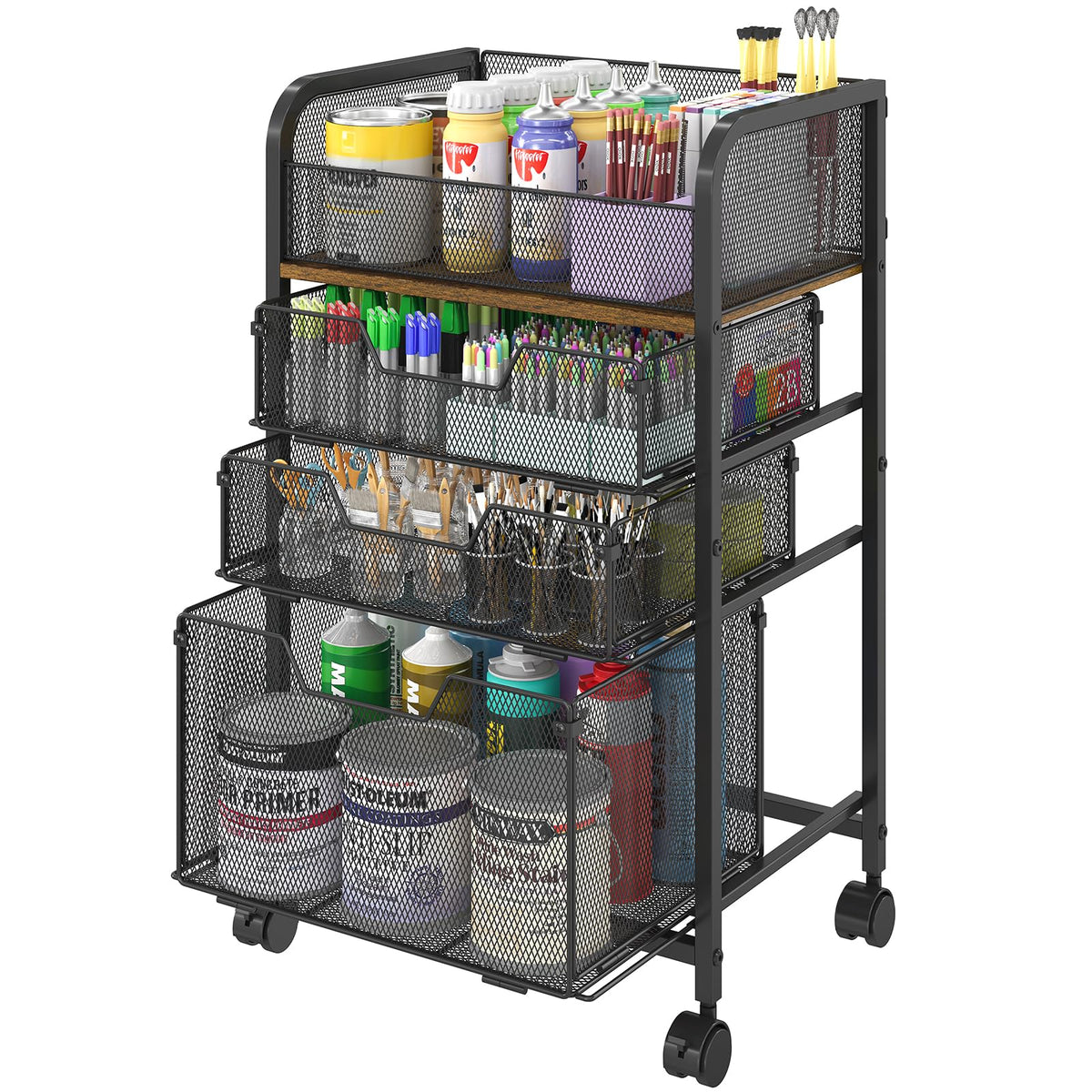 4-Tier Rolling Utility Cart with 3 Drawers-Craft Organizers and Storage with 360° Lockable Wheels,Art Supply Storage Organizer for Art Supplies, Store for Brushes & Paints & Artifacts Patent Pending