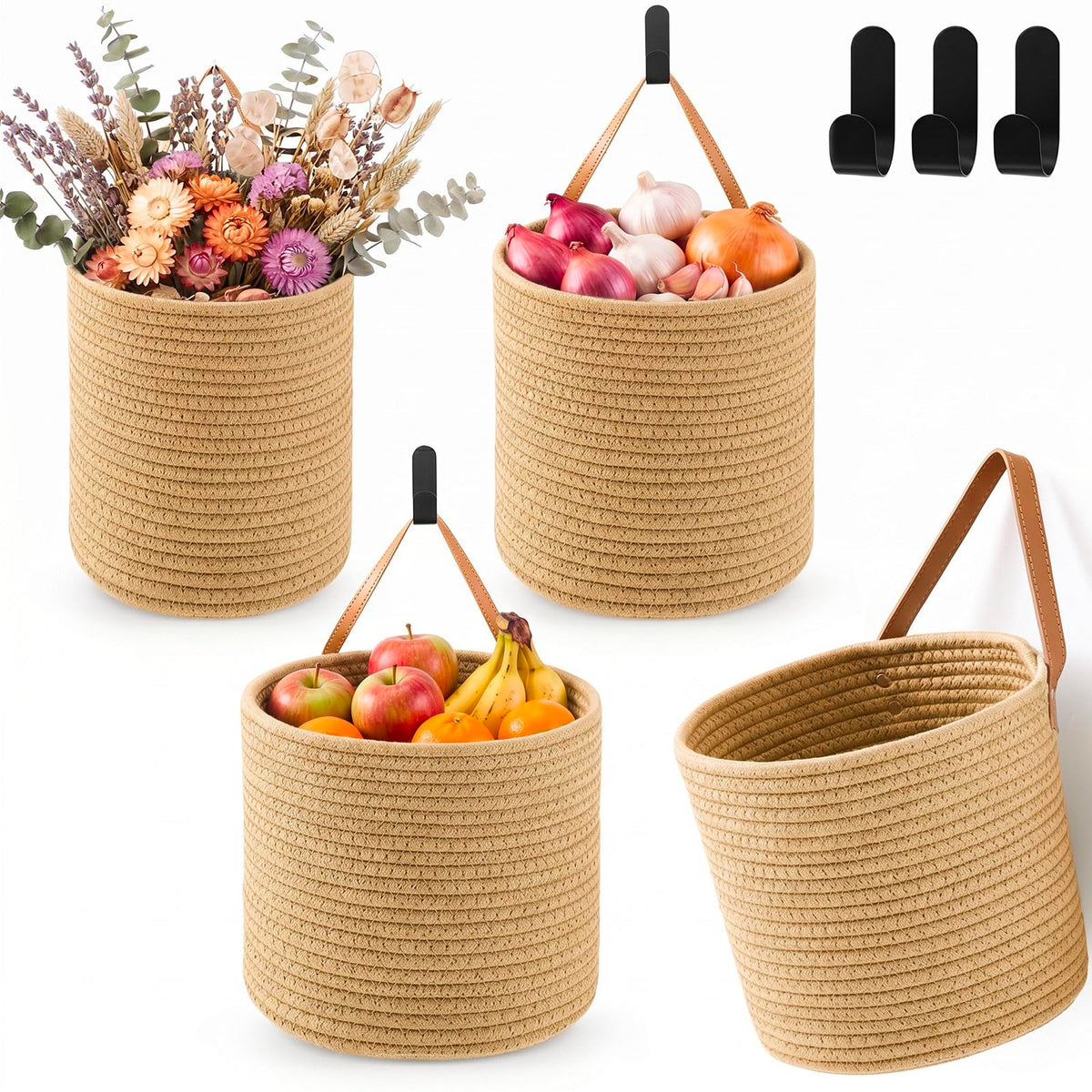 Honeydak 3 Hanging Baskets, Light Brown, Wide Bucket Basket