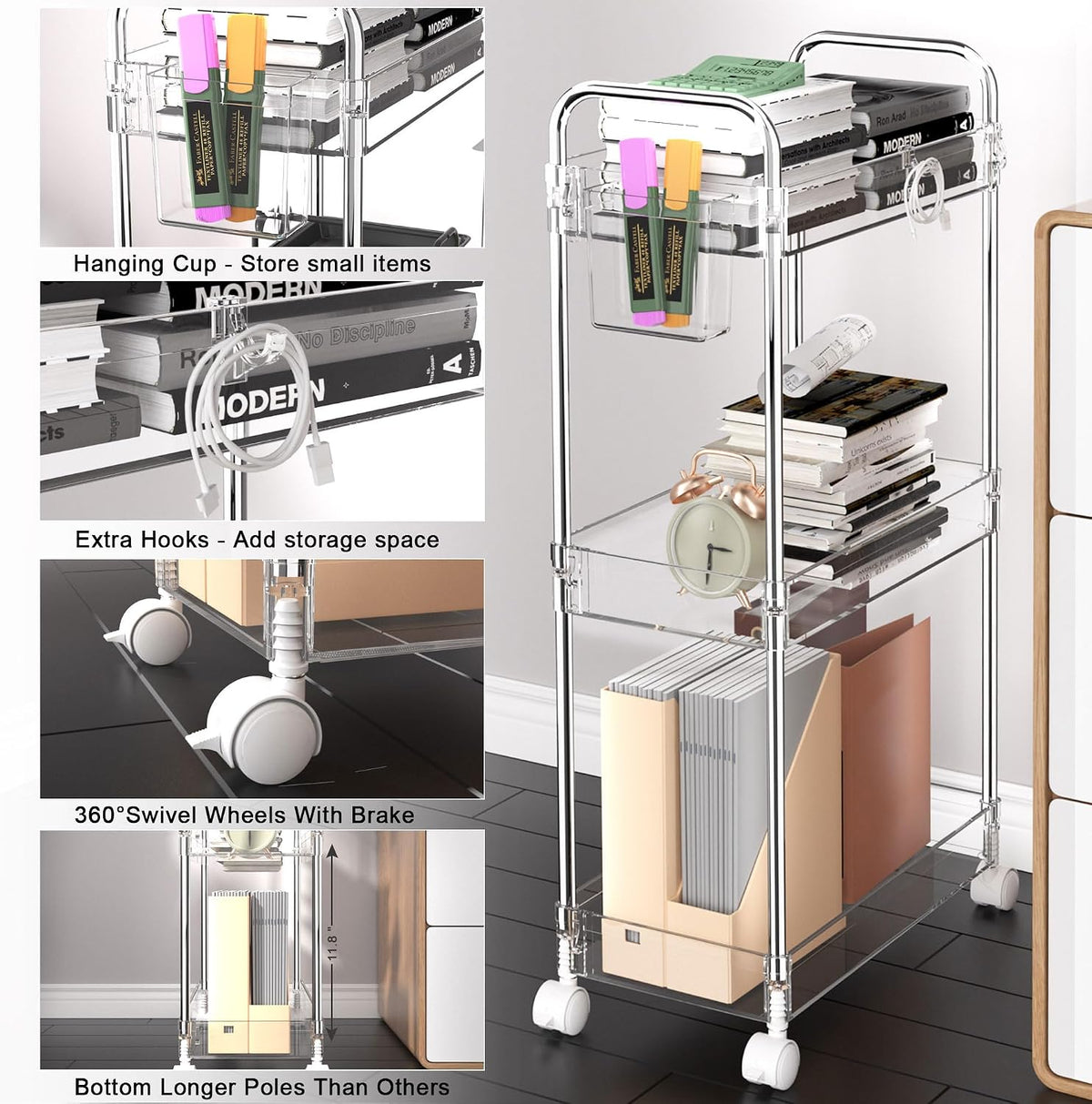 SPACEKEEPER 3 Tier Acrylic Storage Rolling Cart Clear Bathroom Cart Organizer, Transparency Laundry Room Organization Mobile Shelving Unit Multifunction Rolling Utility Cart for Office Living Room