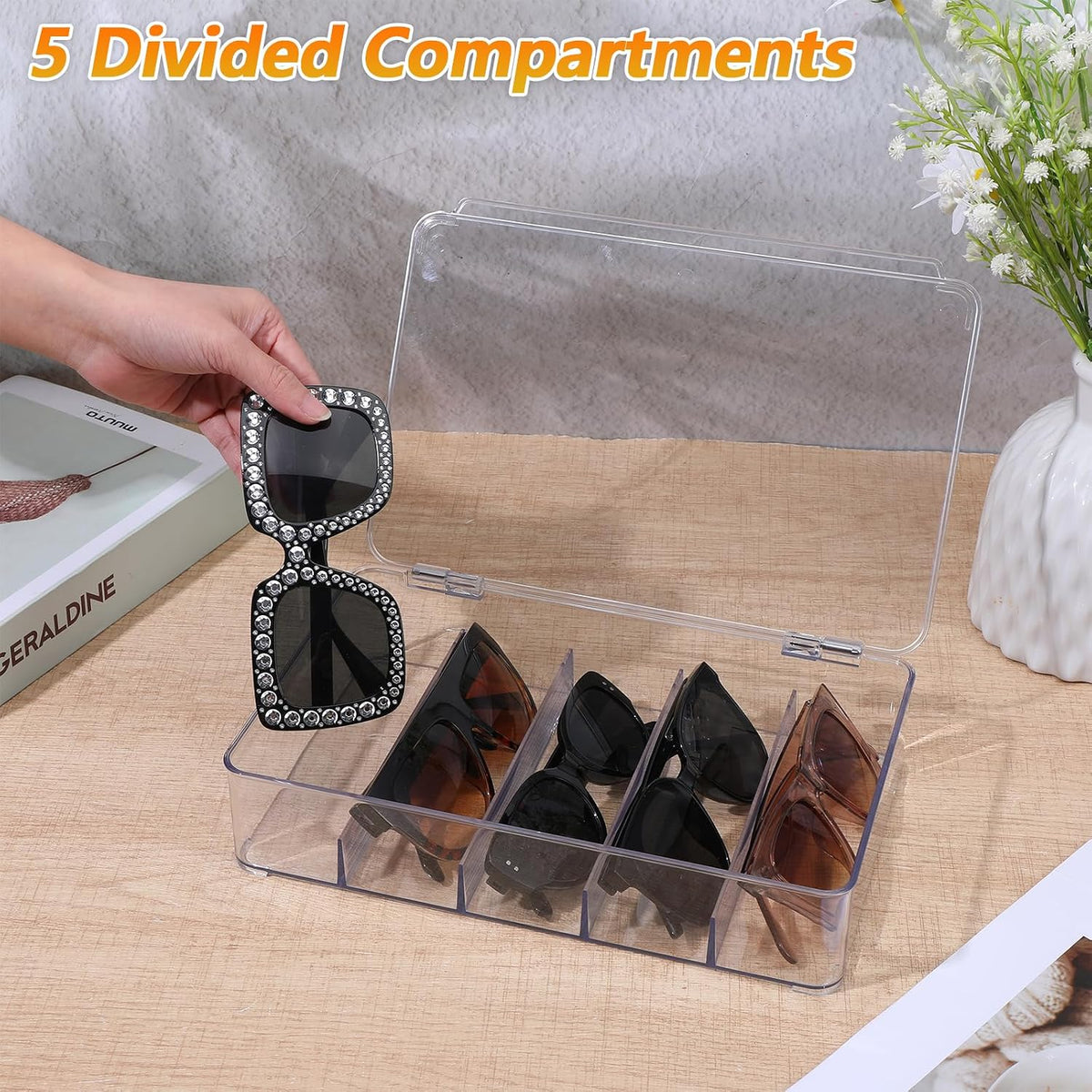 2PCS Sunglasses Organizer, 5 Slot Clear Glasses Storage Case Clear