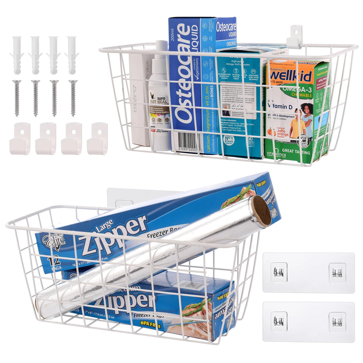 Wire Hanging Wall Basket, 4 White Metal Baskets, Adhesive Cabinet Organizer