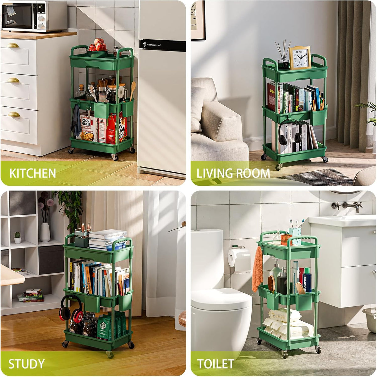 Sorgion 3 Tier Rolling Cart Organizer,Laundry Room Bathroom Organizers and Storage Office Shelves Mobile Shelving Unit Kitchen Trolley Cart with Wheels for Art,Craft,Diaper,Bedside,Snack(Green)