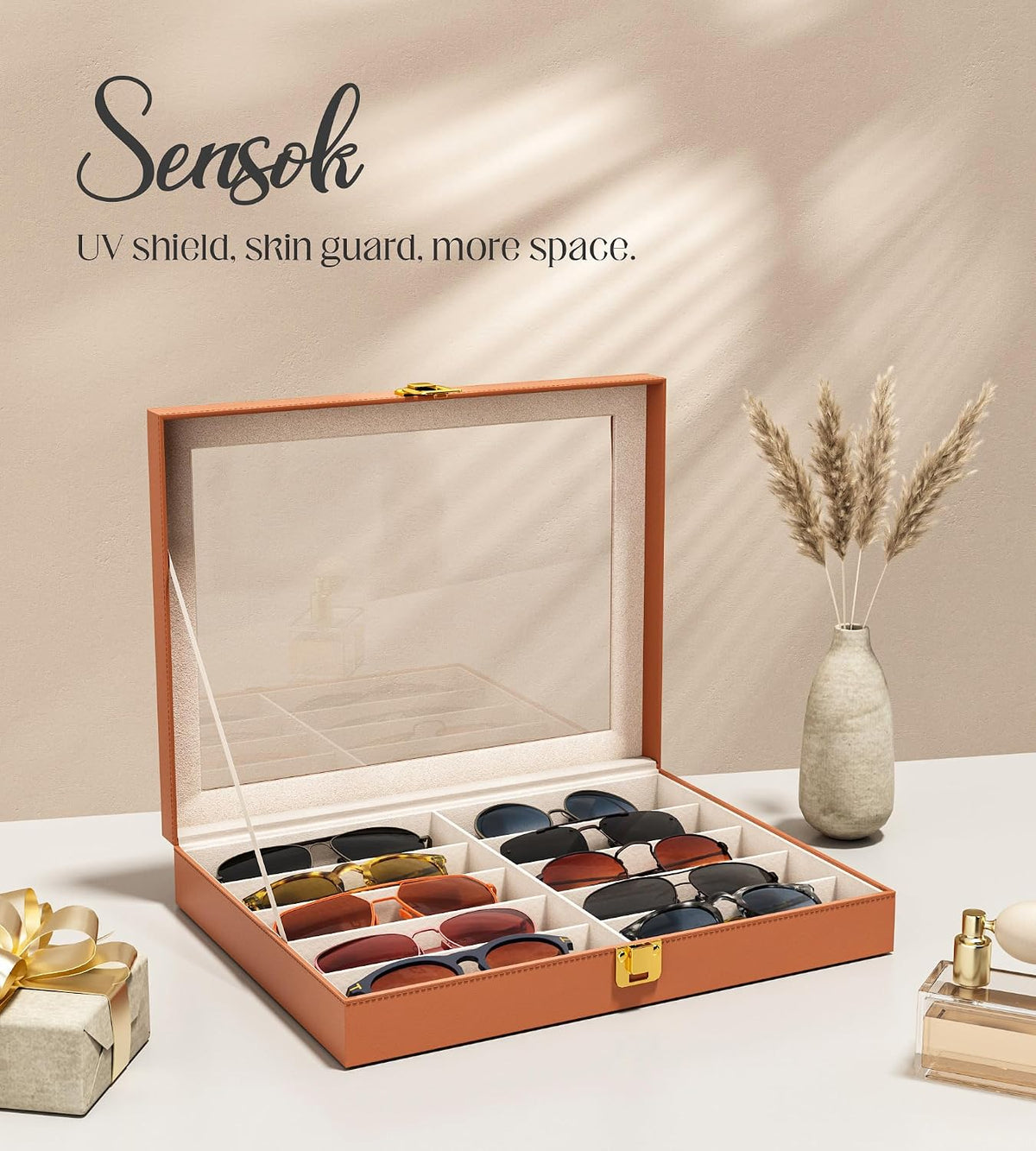 Sunglasses Organizer Storage Box - 10 Slots Eyeglass Display Case for Multiple Pair Glasses, Sunglass Holder with Clear Glass Lid, Jewelry and Watch Collection Box for Women and Men, Brown