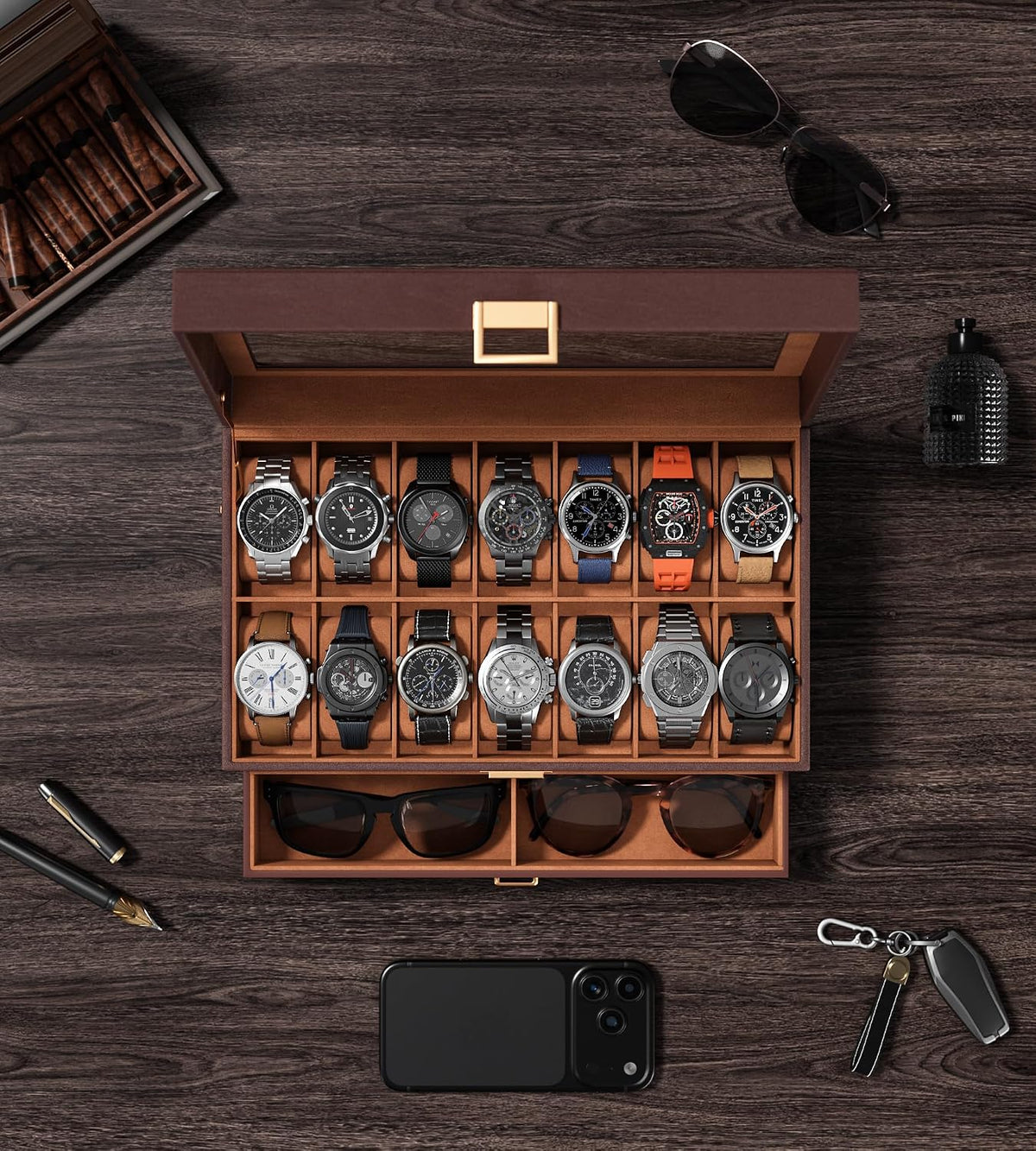 Watch Case Box for Men – 14 Slots Watch Display Organizer with 6-Compartment Eyeglasses Storage, Real Glass Lid 2-Layer PU Leather Collection Holder Gift for Loved Ones Brown