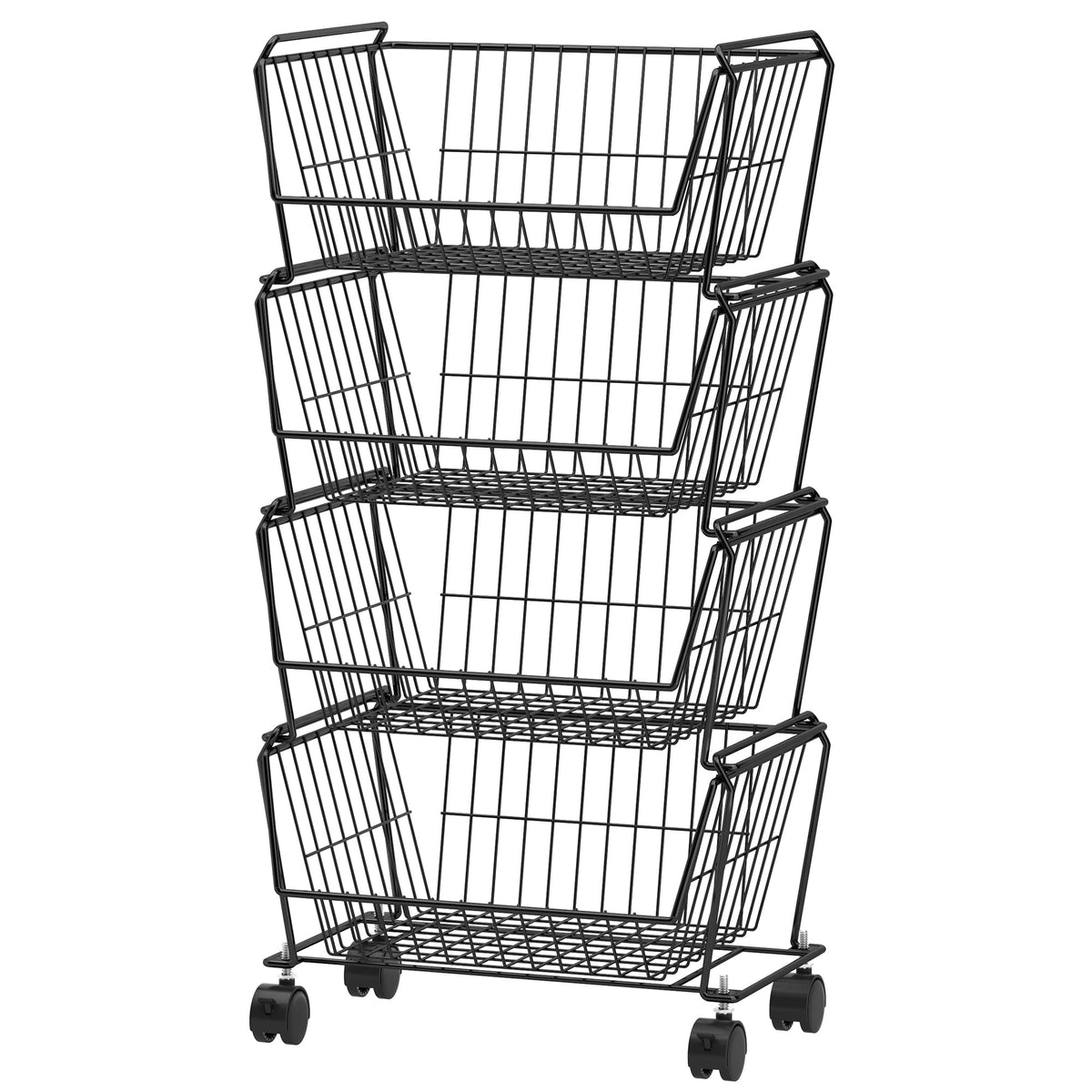 PUSDON 6-Tier Tall Stackable Wire Storage Baskets with Wheels, Vertical Metal Rolling Utility Cart, High Capacity Produce Basket for Kitchen Pantry, Snack Organizer, Matte Black