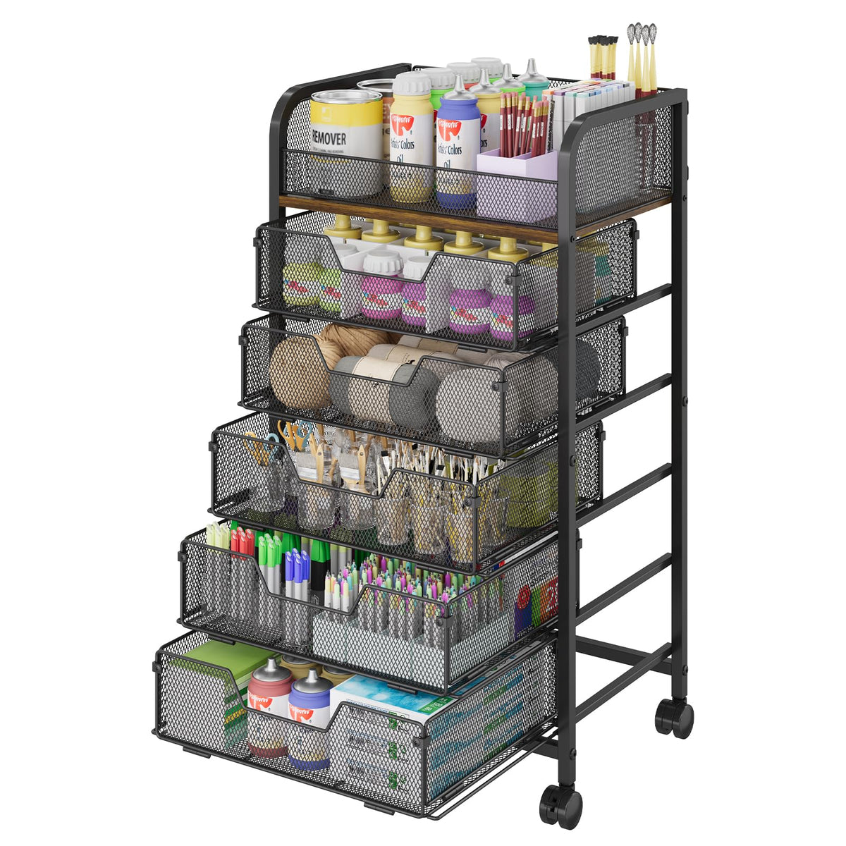 4-Tier Rolling Utility Cart with 3 Drawers-Craft Organizers and Storage with 360° Lockable Wheels,Art Supply Storage Organizer for Art Supplies, Store for Brushes & Paints & Artifacts Patent Pending