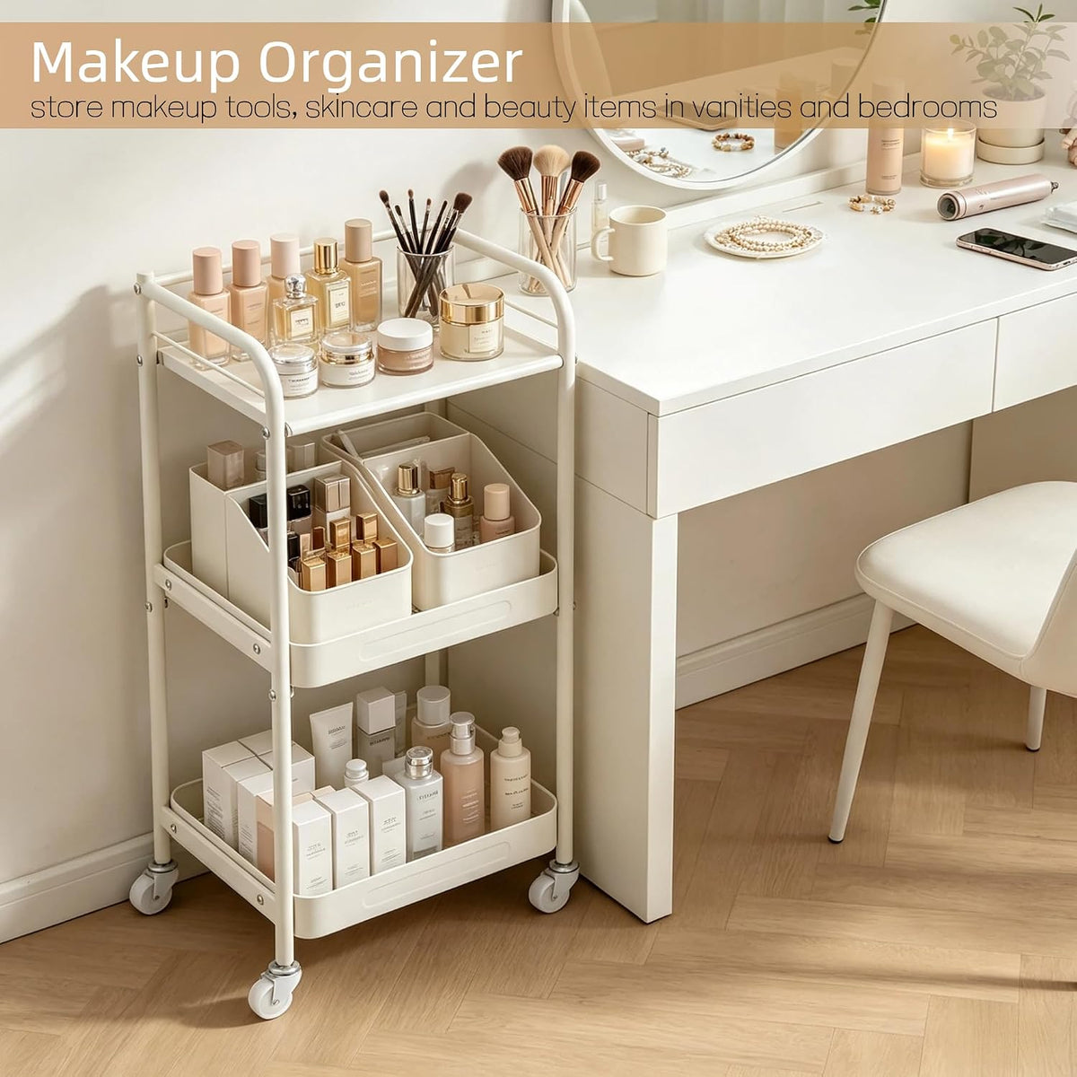 3 Tier Rolling Cart with Table Top, Metal Kitchen Storage Cart