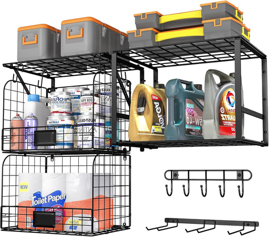 ThreeHio Garage Shelf Wall Mounted with Wire Baskets, Heavy Duty Garage Wall Shelving with Garden Tool Rack and Hooks, Wire Shelf Baskets Tool Organizer for Home Garden Yard Organization and Storage