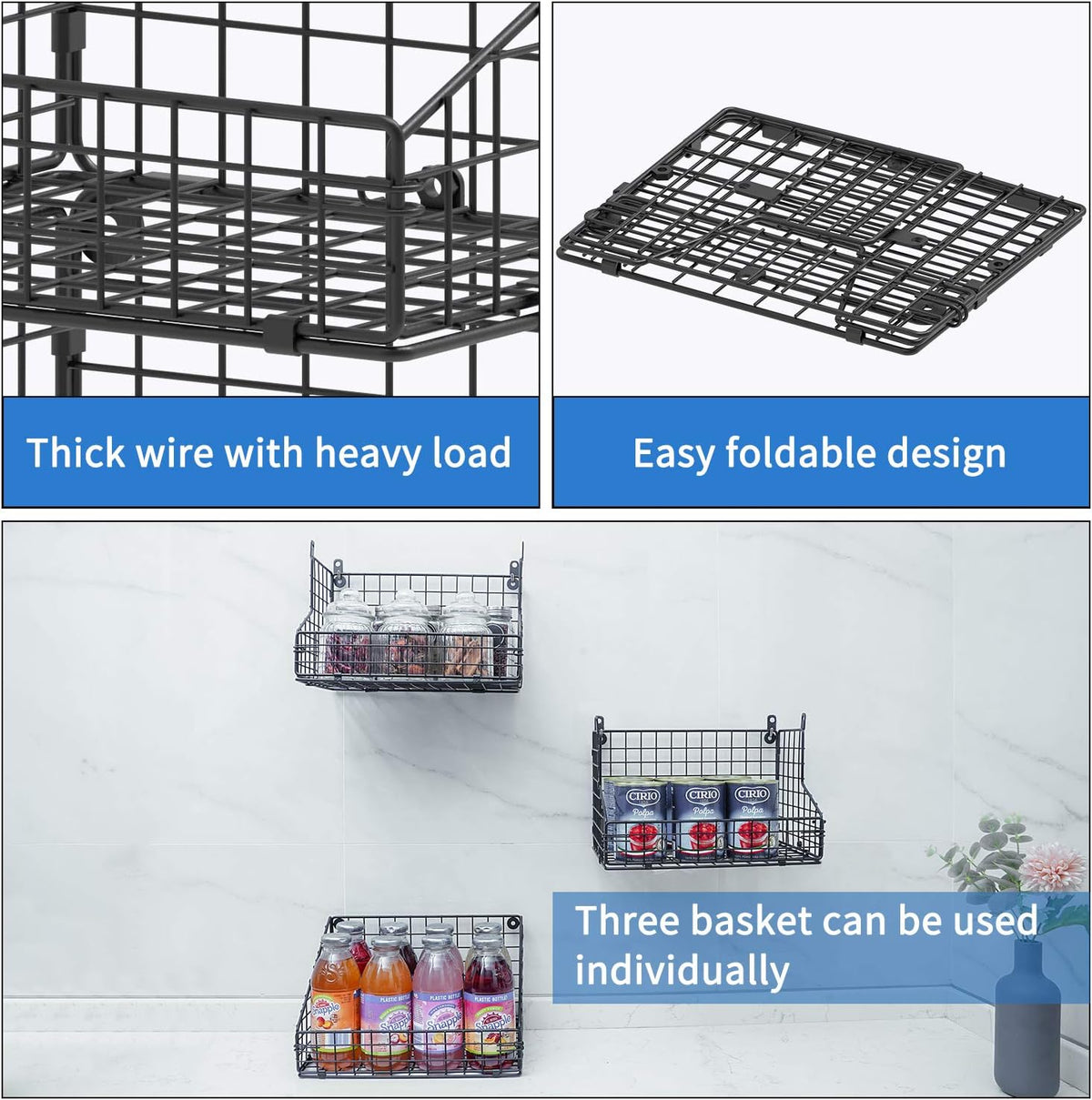 X-cosrack 3-Tier Stackable Detachable Snack Organizer (Large Size), Countertop Display/Wall Mounted Shelf with 5 Hooks Wire Basket Snack Shelf for Office Cabinets, Kitchen, Pantry, 11.8x7.8x22 Inch