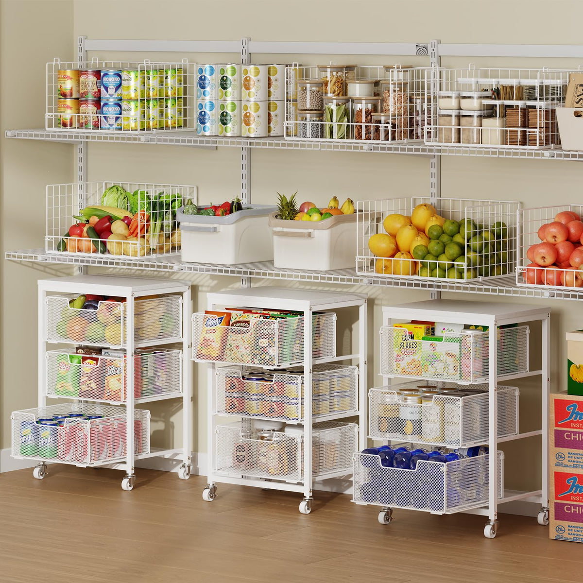 4-Tier Fruit Vegetable Storage Cart - Kitchen Organizer and Storage Cart with Wheels, Wooden Top Metal Wire Fruit Vegetable Rack Stand with Drawers to Storage Cans Snacks for Kitchen(Patent Pending)