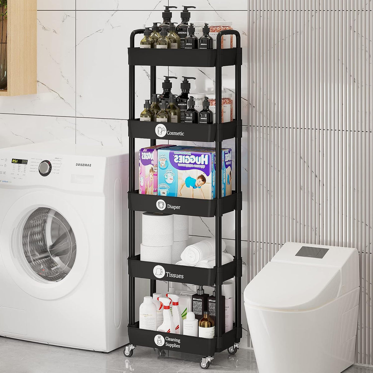 5 Tier Rolling Cart with Wheels,Utility Storage Carts,Black