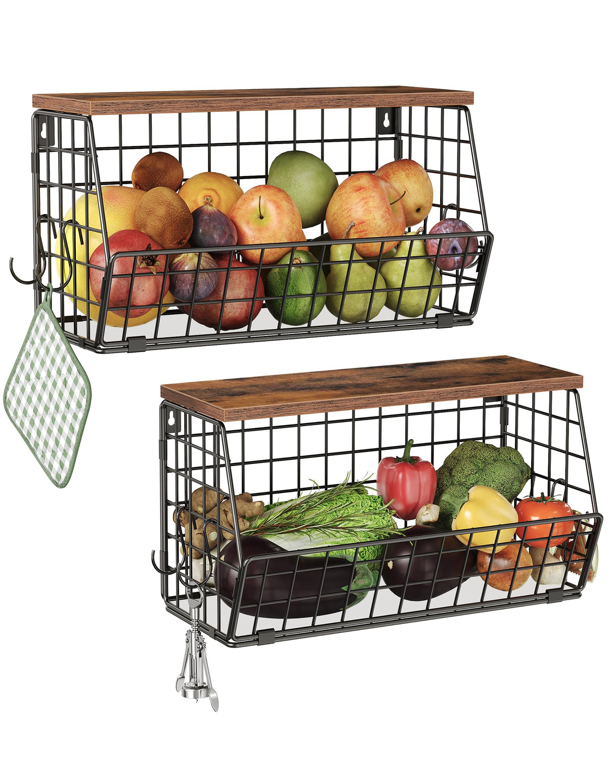 CHOEZON 2-Tier Fruit Basket for Kitchen, Stackable Hanging Basket Wire Baskets with Wooden Lid, Wall-Mounted Kitchen Counter Organizer for Fruit, Vegetable Storage, Rustic Brown and Black TCW02P2BF