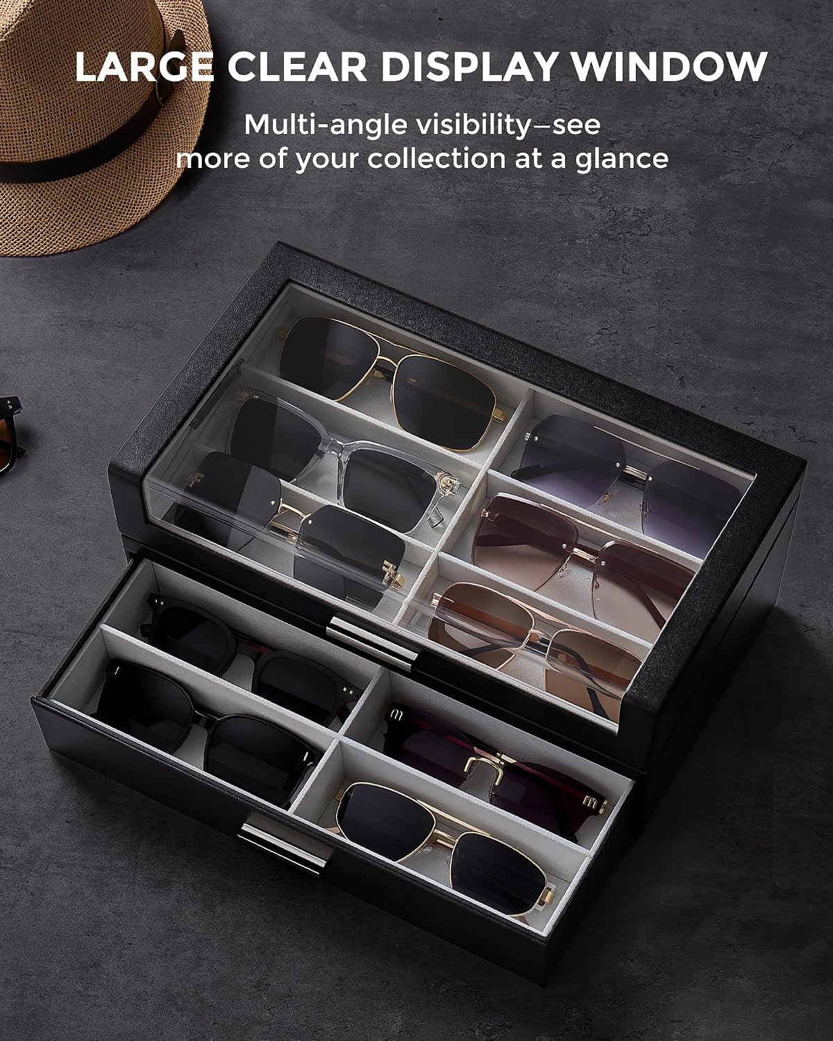 ProCase 12 Slots Sunglasses Box with L-Shaped Clear Lid -Black