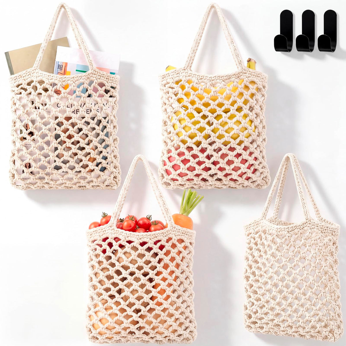 Honeydak 3 Hanging Baskets, Light Brown, Wide Bucket Basket