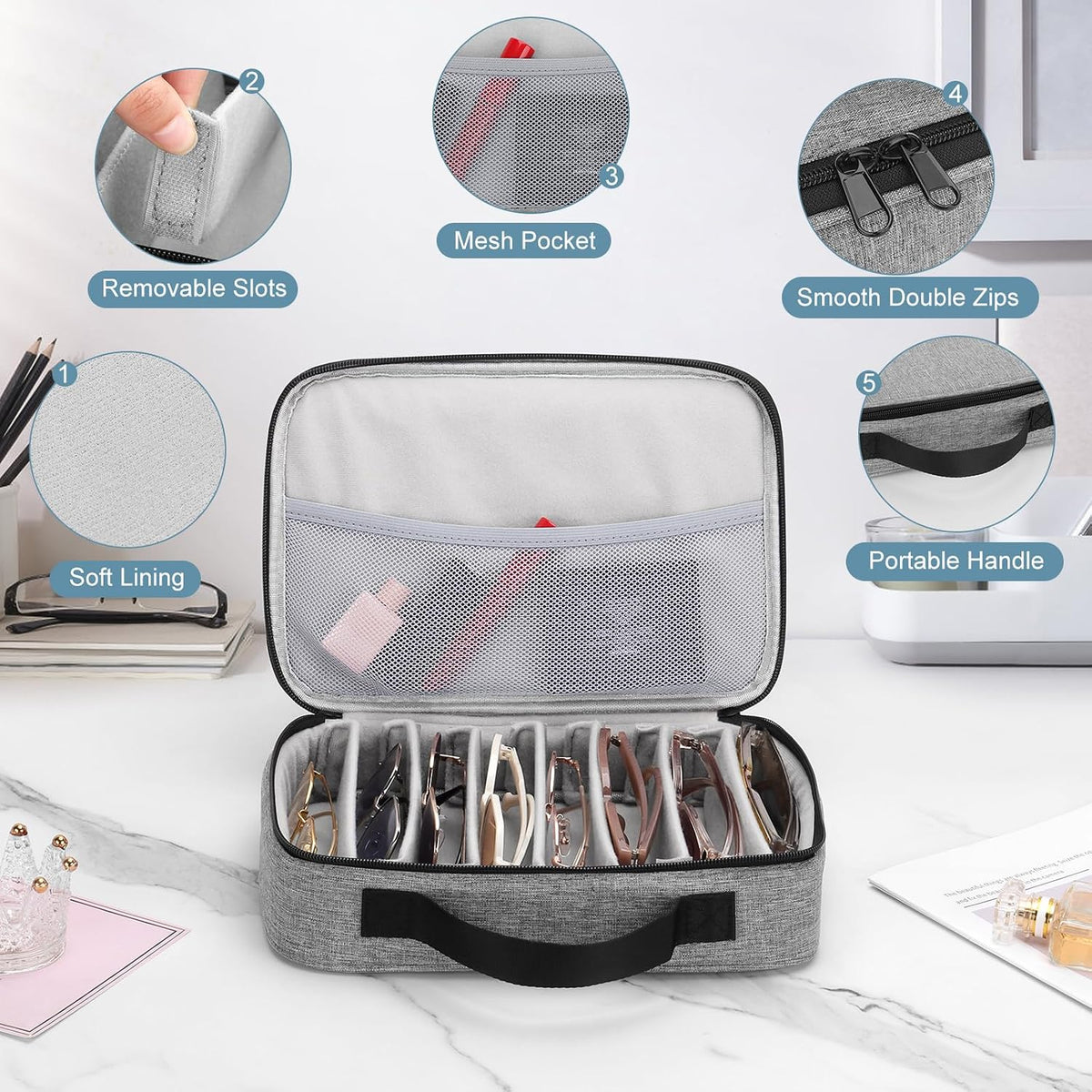 Travel Sunglasses Organizer Case, Adjustable 7 Slot for Multiple Pairs, Portable Eyeglasses Storage Box for Men Women, Holds 8 pairs of glasses, Gray
