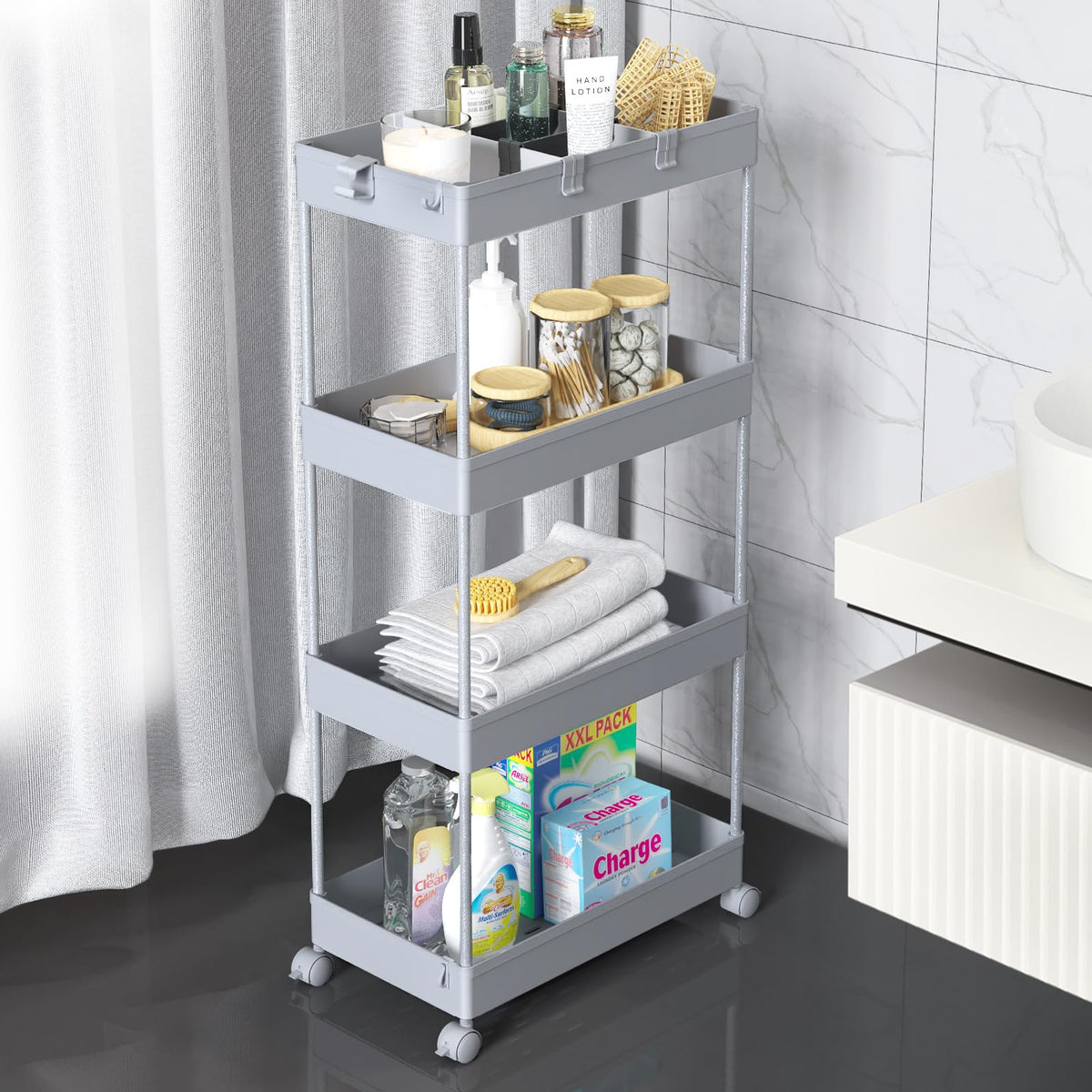 SPACELEAD 3 Tier Rolling Cart with Wheels, Storage Craft Art Trolley Organizer Serving, 3 Hanging Baskets Easy Assembly, for Office, Bathroom，Living Room, Kitchen, White