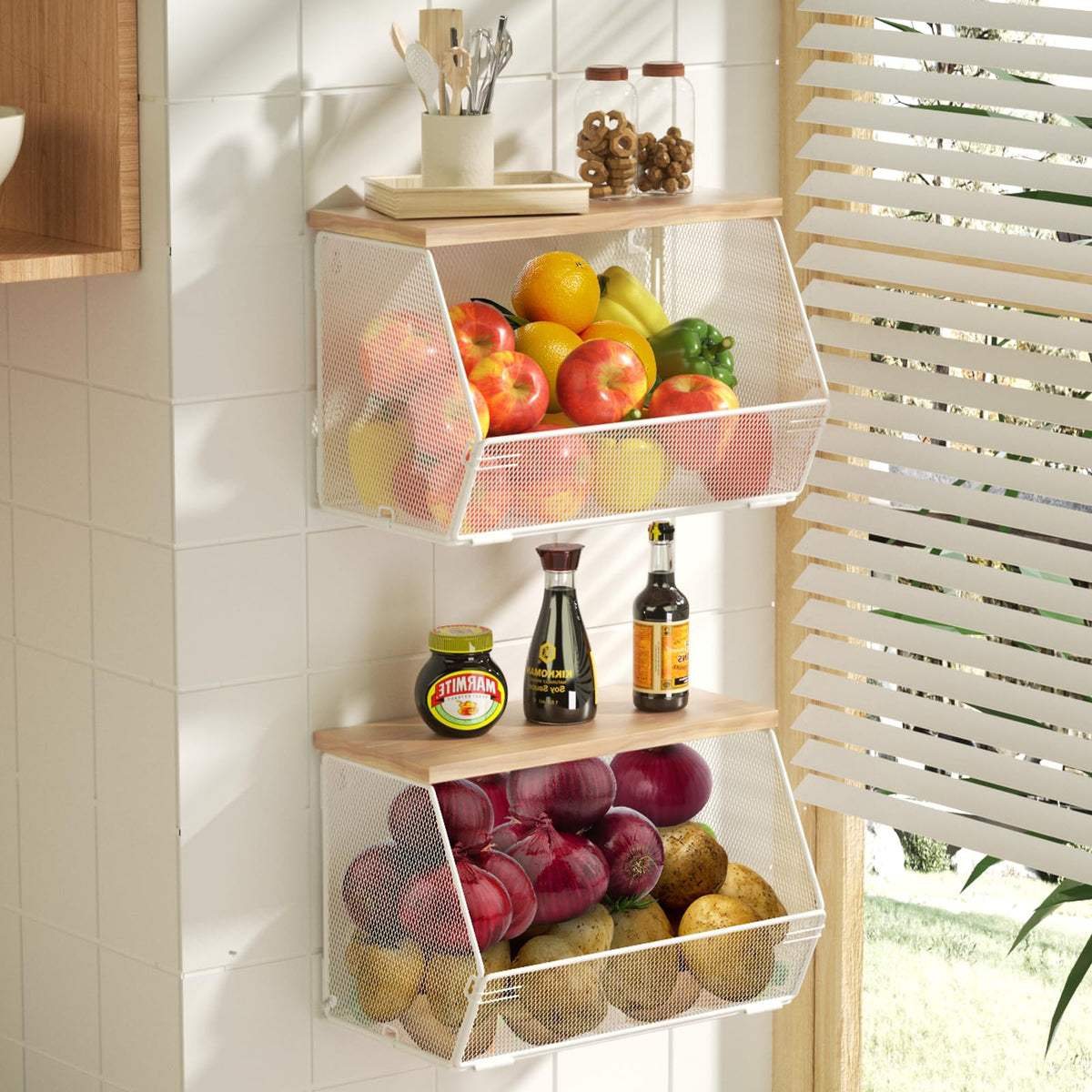 2 Tier Fruit Basket for Kitchen Counter, Stackable Onion and Potato Storage Basket, Wall Mounted Wire Basket with Wood Lid, Hanging Kitchen Storage Vegetable Organizer, 11.8 x 7.1 x 8.6 Inch